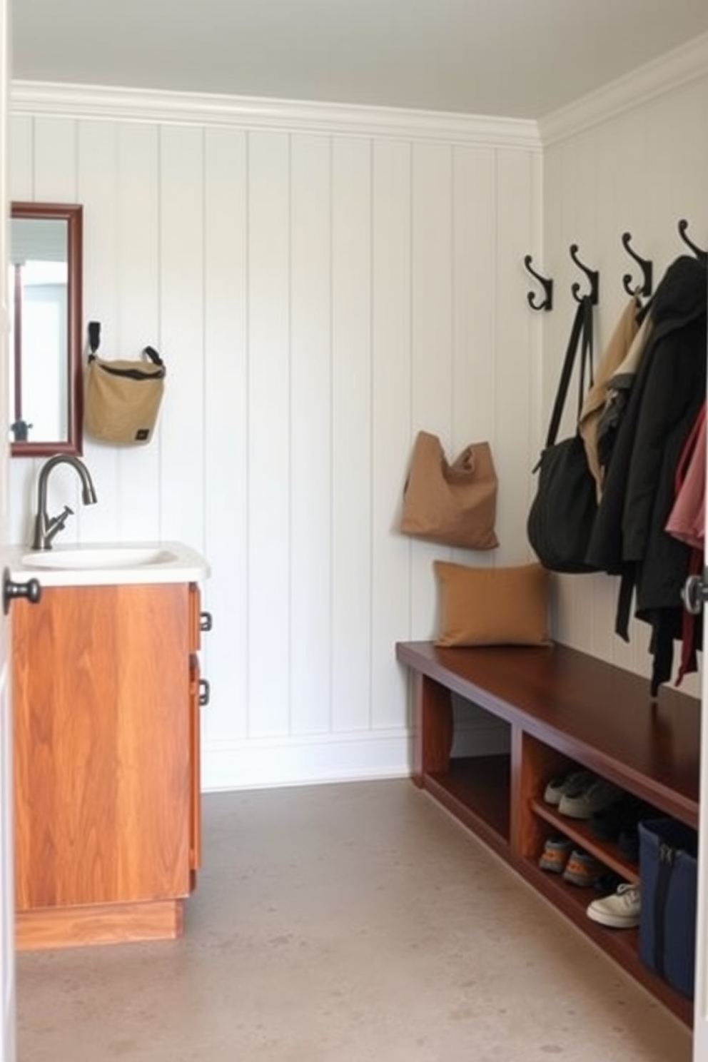 A functional basement mudroom features a small sink integrated into a wooden cabinet for convenience. The space is designed with durable materials, including a waterproof floor and ample storage for shoes and outdoor gear. The walls are painted in a light, refreshing color to brighten the area, while a bench with cushions provides a comfortable seating option. Hooks for coats and bags are strategically placed to keep the space organized and clutter-free.