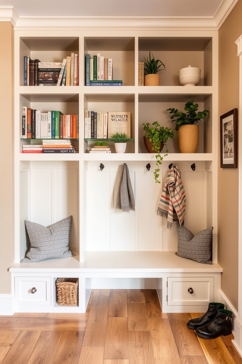 A stylish mudroom island with ample workspace featuring a solid wood countertop and built-in storage underneath. The walls are painted in a soft gray tone, and the floor is adorned with durable ceramic tiles in a warm beige hue. On one side of the island, there are hooks for hanging coats and bags, while the opposite side includes a row of cushioned stools for seating. Natural light floods the space through a large window, creating an inviting atmosphere perfect for organizing daily essentials.