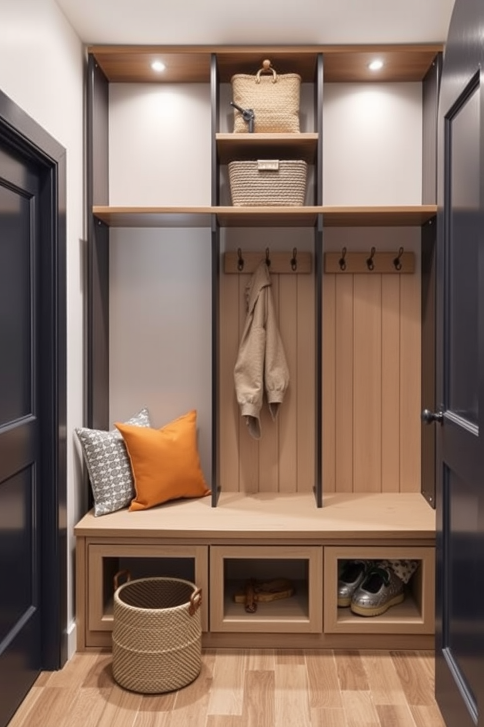 Vertical storage solutions for small spaces. Imagine a sleek, multifunctional shelving unit that reaches from floor to ceiling, maximizing every inch of vertical space. Basement mudroom design ideas. Visualize a cozy entryway with built-in benches and hooks, featuring a combination of warm wood tones and bright, inviting colors.