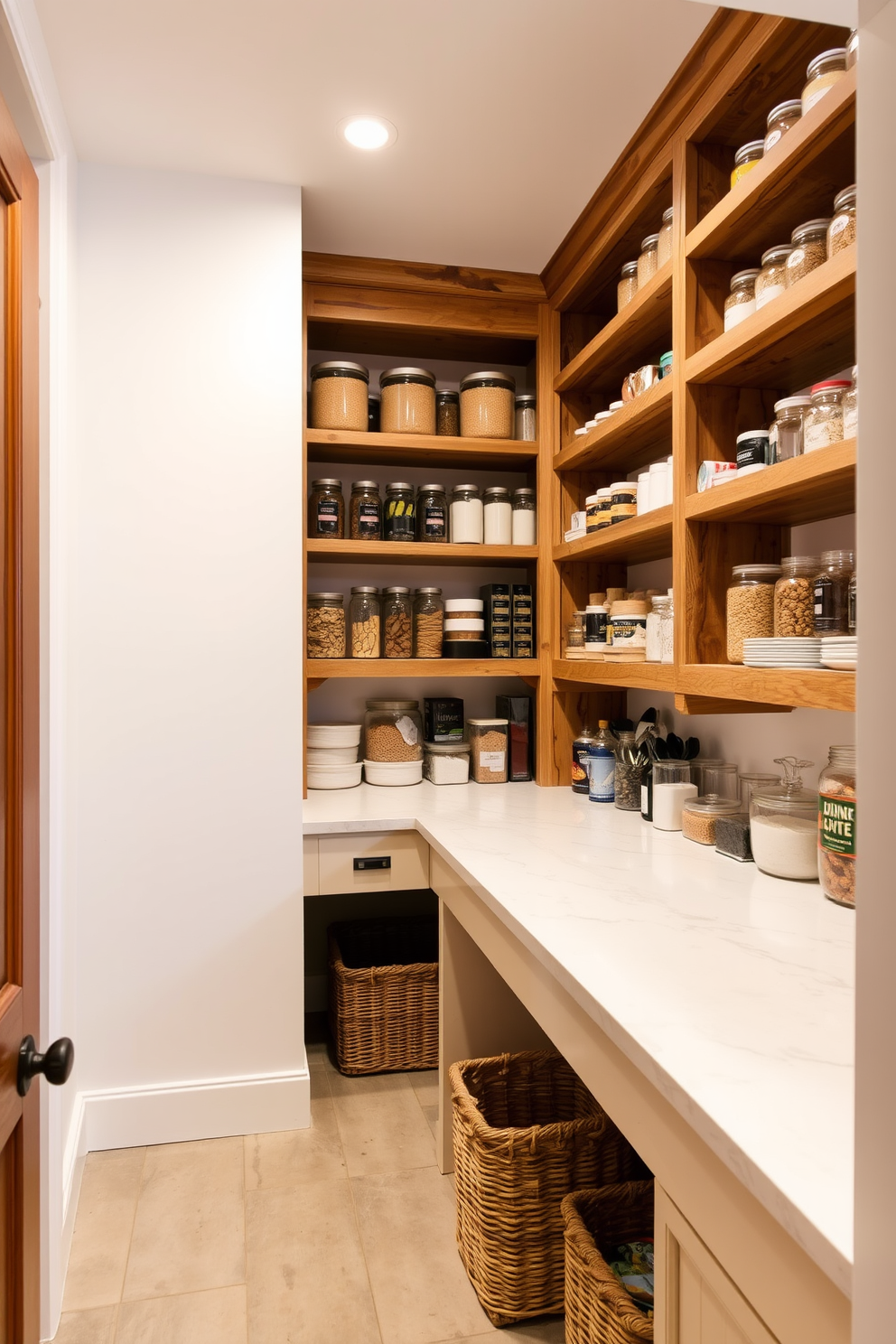 Open shelving lines the walls of a spacious basement pantry, showcasing neatly organized jars and containers filled with dry goods. The shelves are made of reclaimed wood, adding warmth to the space, while the walls are painted a light, airy color to enhance visibility. A large countertop provides ample workspace for meal prep, and underneath, baskets are tucked away for additional storage. Soft lighting fixtures illuminate the area, creating an inviting atmosphere perfect for cooking and entertaining.