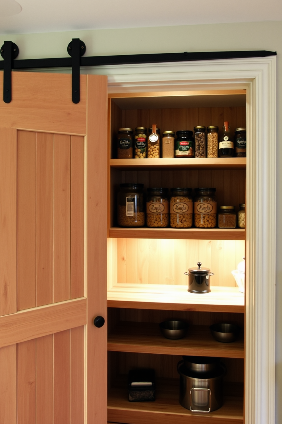 A cozy basement pantry featuring sliding barn doors adds rustic charm to the space. The interior is adorned with open shelving made of reclaimed wood, providing ample storage for jars and pantry essentials.