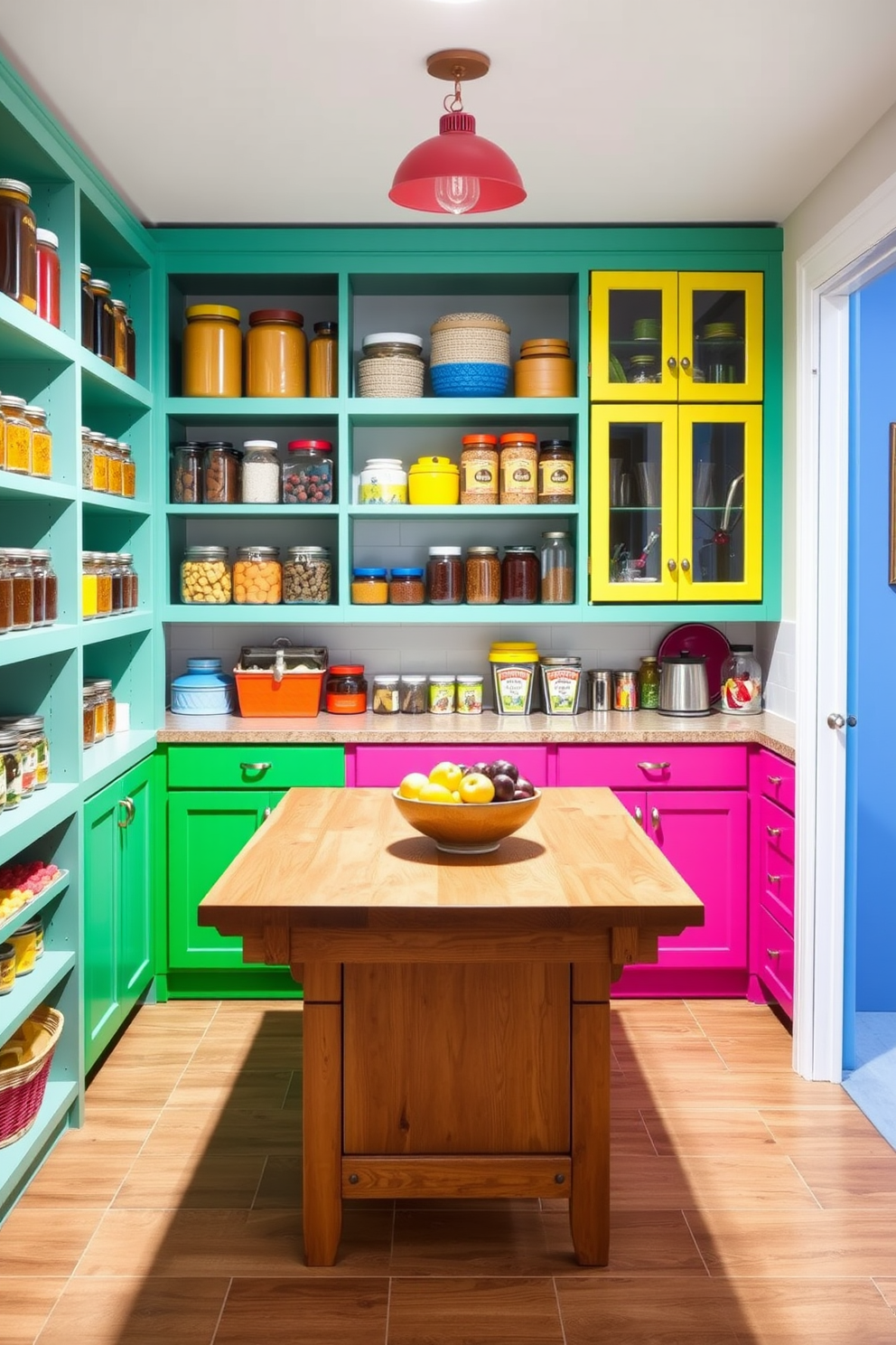 A cozy basement pantry featuring wire baskets for breathable produce storage. The walls are lined with wooden shelves that hold various baskets filled with fruits and vegetables, ensuring easy access and organization.