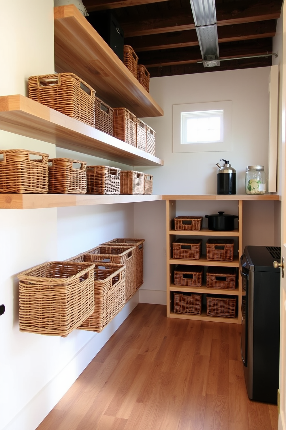 A well-organized basement pantry featuring open shelving made of reclaimed wood. Stylish wicker baskets are used for storage, creating a neat and tidy appearance while adding a touch of warmth to the space. The walls are painted in a soft white to enhance brightness, complemented by a durable vinyl floor that mimics wood. A small window allows natural light to filter in, making the pantry inviting and functional.