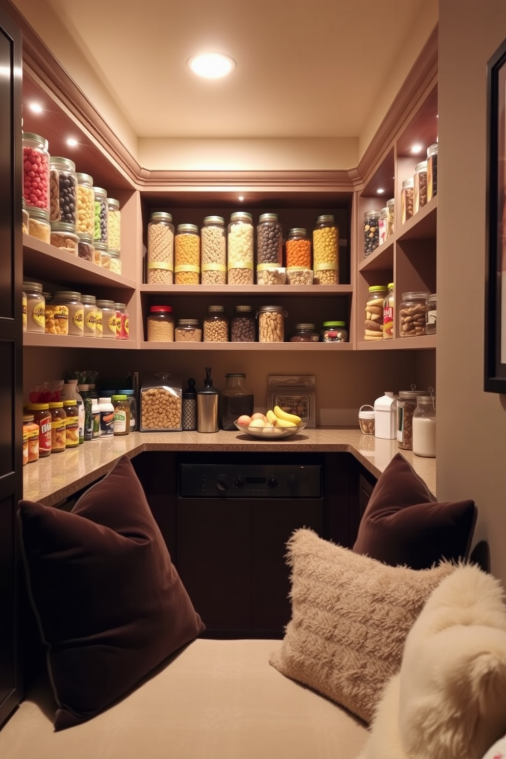 A cozy basement pantry designed for a dedicated snack zone. The shelves are lined with colorful jars filled with snacks, and a small countertop features a stylish bowl of fresh fruit. Soft lighting illuminates the space, creating a warm and inviting atmosphere. A comfortable seating area with plush cushions invites family and friends to gather and enjoy their favorite treats.