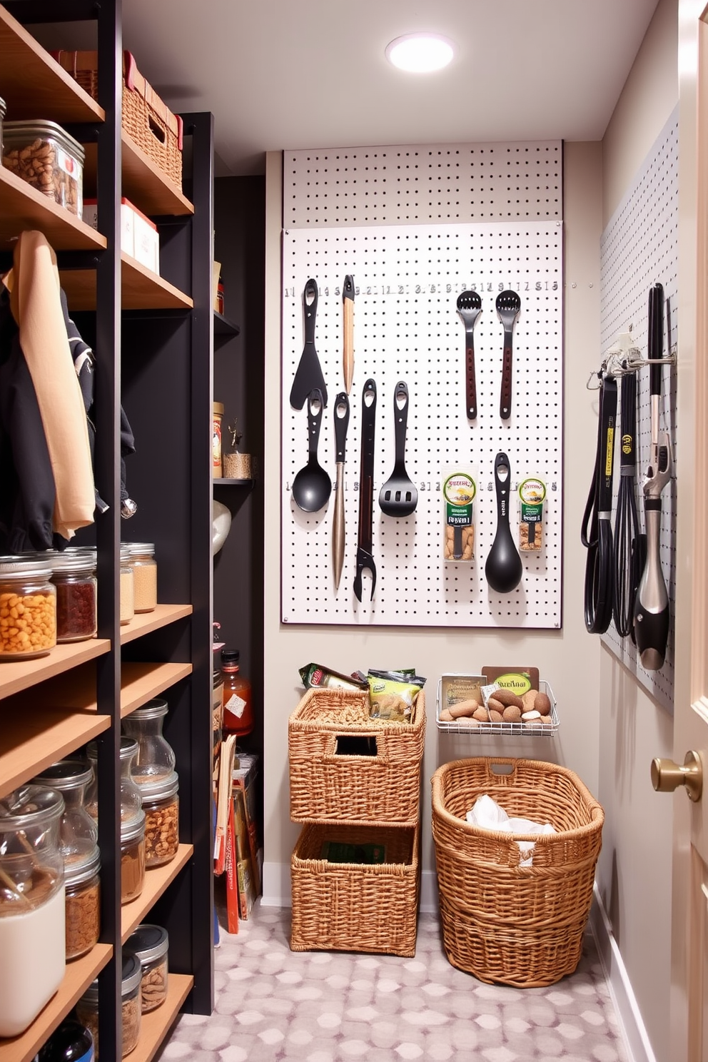 A functional basement pantry featuring a pegboard installed on one wall for hanging tools and utensils. The space is organized with shelves that hold jars of dry goods and baskets for easy access to frequently used items.