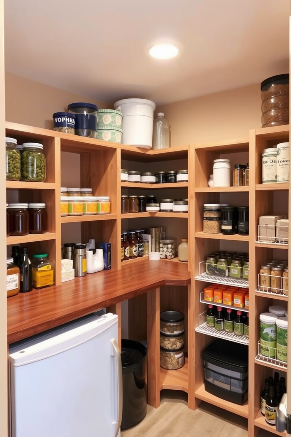 A multi-tiered shelving unit made of reclaimed wood is installed against the wall, providing ample space for organizing canned goods and dry ingredients. The shelves are arranged in varying heights to accommodate items of different sizes, enhancing both functionality and visual appeal. Natural light filters in through a small window, illuminating the space and creating a warm atmosphere. Decorative baskets are placed on the lower shelves for easy access to snacks and smaller items, while labeled jars add a touch of elegance to the overall design.