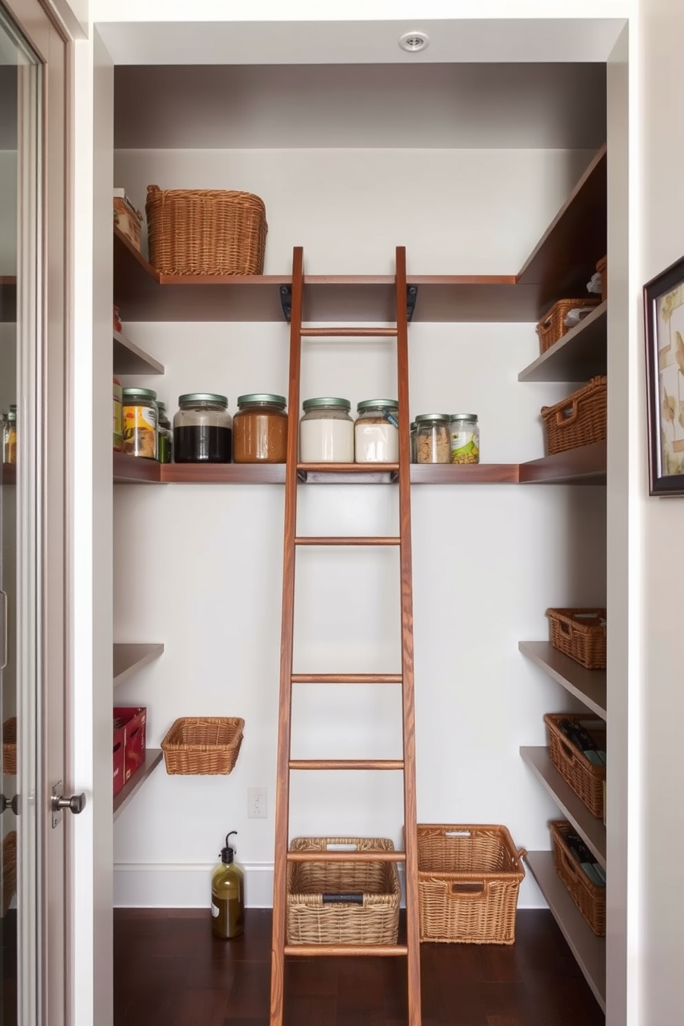 A functional basement pantry featuring pull-out drawers for deep storage needs. The design includes ample shelving, with organized compartments for easy access to food items and kitchen supplies.