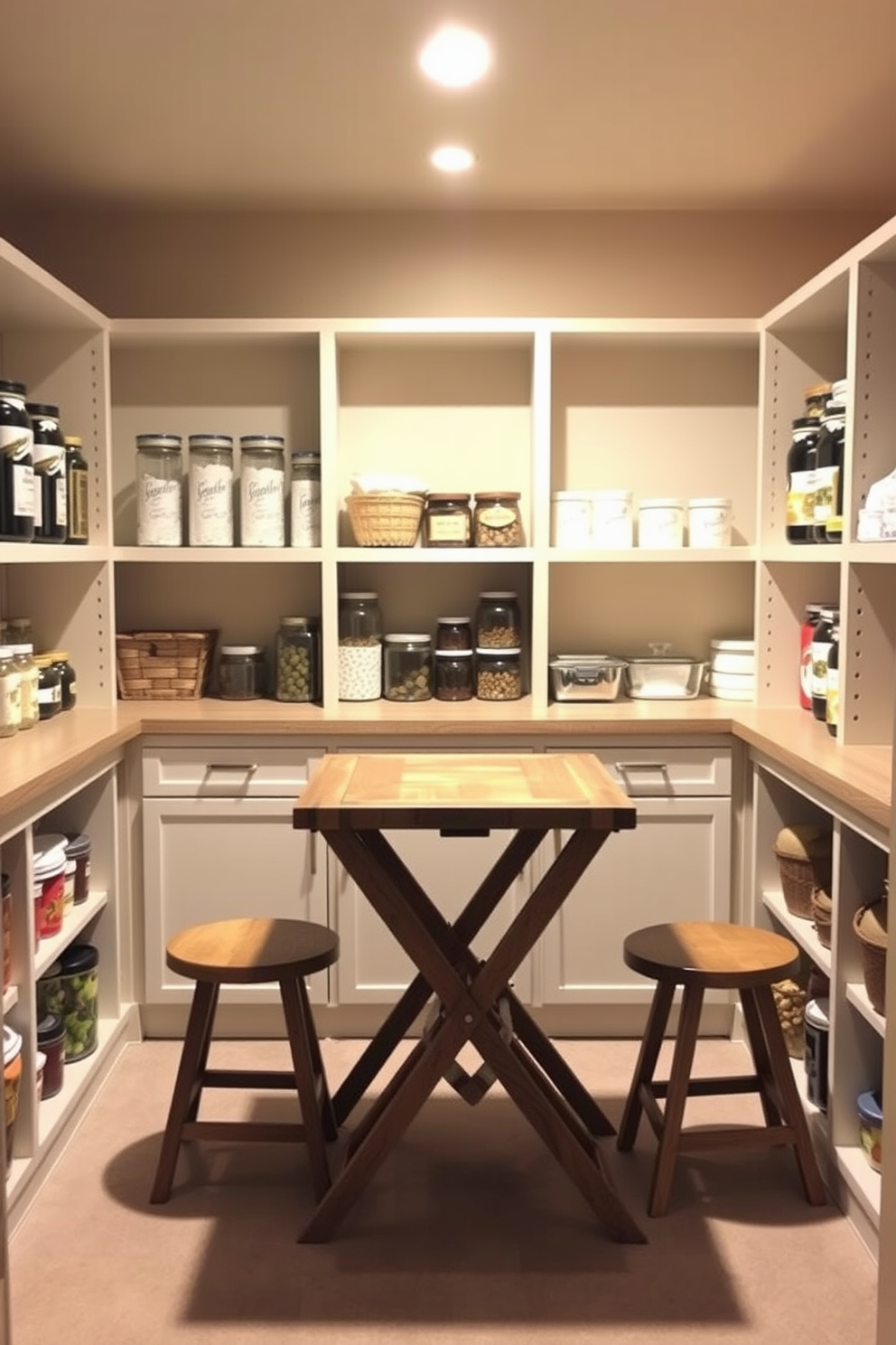 A cozy basement pantry featuring a foldable table for prep work. The walls are painted in a warm beige tone, with open shelving displaying neatly organized jars and containers. In the center, a sturdy wooden foldable table is set up for meal prep, surrounded by comfortable stools. Soft lighting highlights the space, creating an inviting atmosphere for cooking and storage.