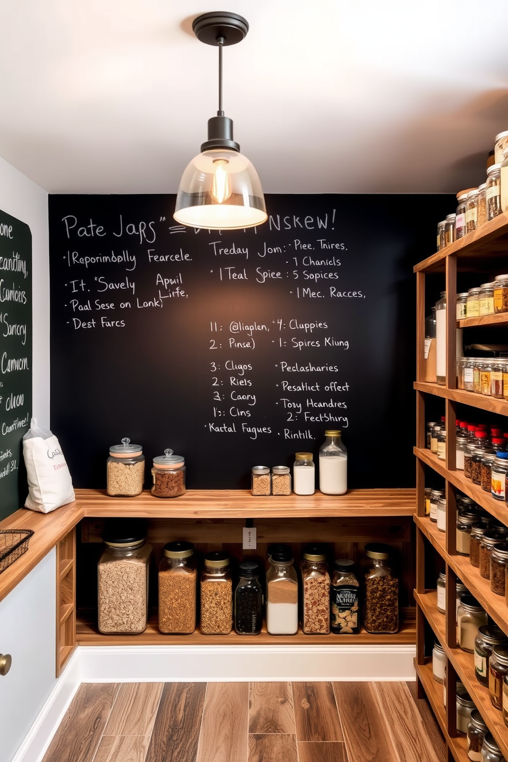 A cozy basement pantry featuring a large chalkboard wall for notes and grocery lists. The space includes open shelving made of reclaimed wood, filled with jars of dry goods and spices, illuminated by warm pendant lights.