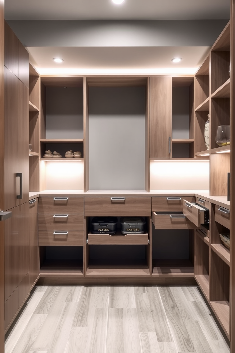 A modern basement pantry featuring modular storage solutions that maximize space and functionality. The design includes sleek shelving units and pull-out drawers for easy access to pantry items, all finished in a light wood tone. The walls are painted in a soft gray to create a calming atmosphere, while the flooring consists of durable vinyl planks for easy maintenance. Ambient lighting is installed under the shelves to illuminate the pantry and enhance the overall aesthetic.