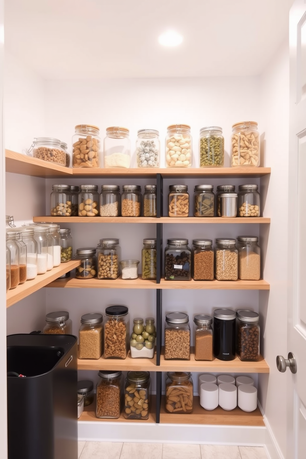 A stylish basement pantry featuring glass jars neatly organized on wooden shelves. The walls are painted in a soft white hue, creating a bright and airy atmosphere.