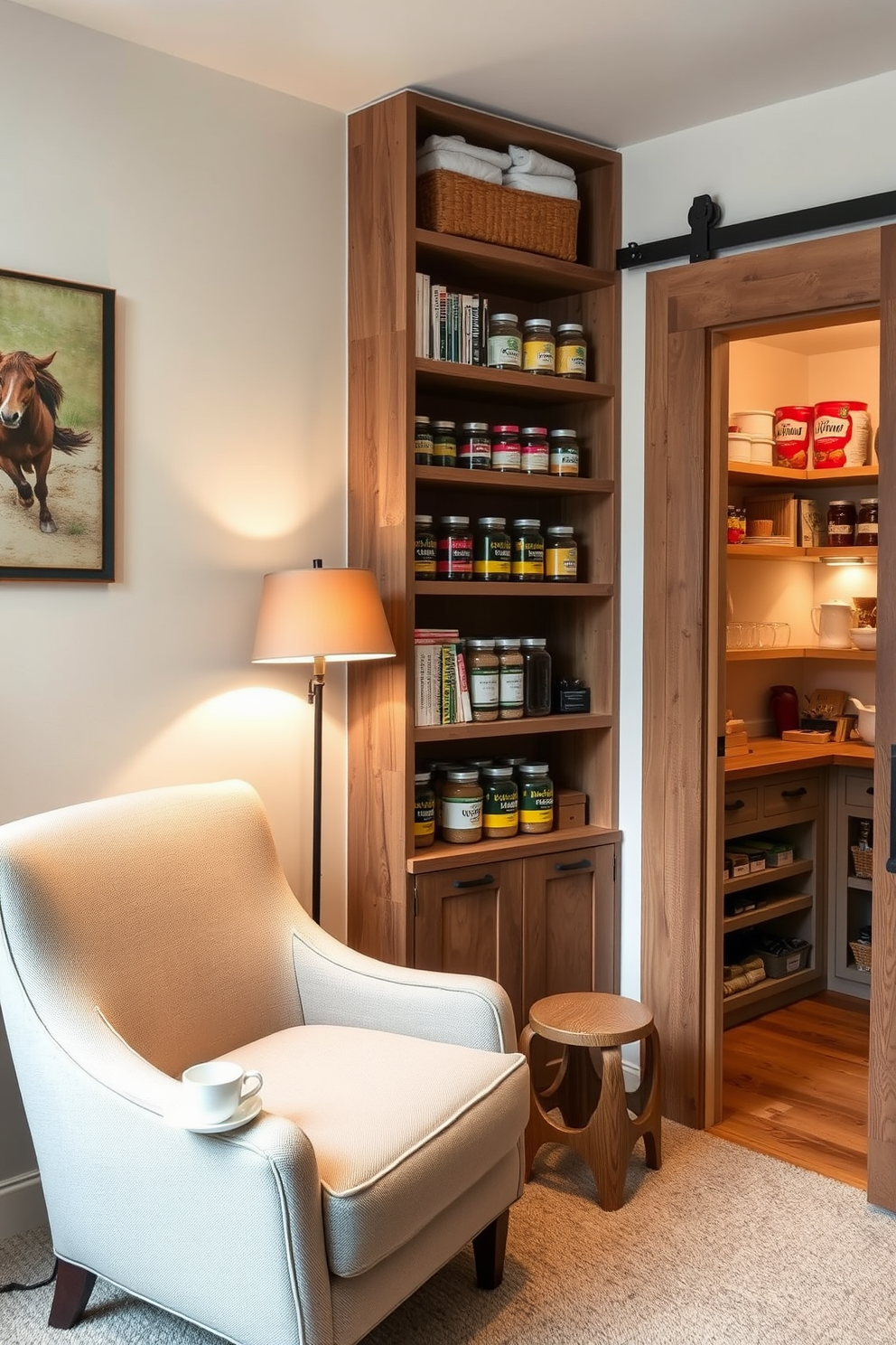 A cozy reading nook corner with a plush armchair in a soft fabric, complemented by a small side table holding a steaming cup of tea. A tall bookshelf filled with an array of books lines the wall, and a warm floor lamp casts a gentle glow over the space. A functional basement pantry with open shelving made of reclaimed wood, displaying neatly organized jars of spices and canned goods. The walls are painted in a light, airy color, and a sliding barn door adds a rustic charm to the entrance.