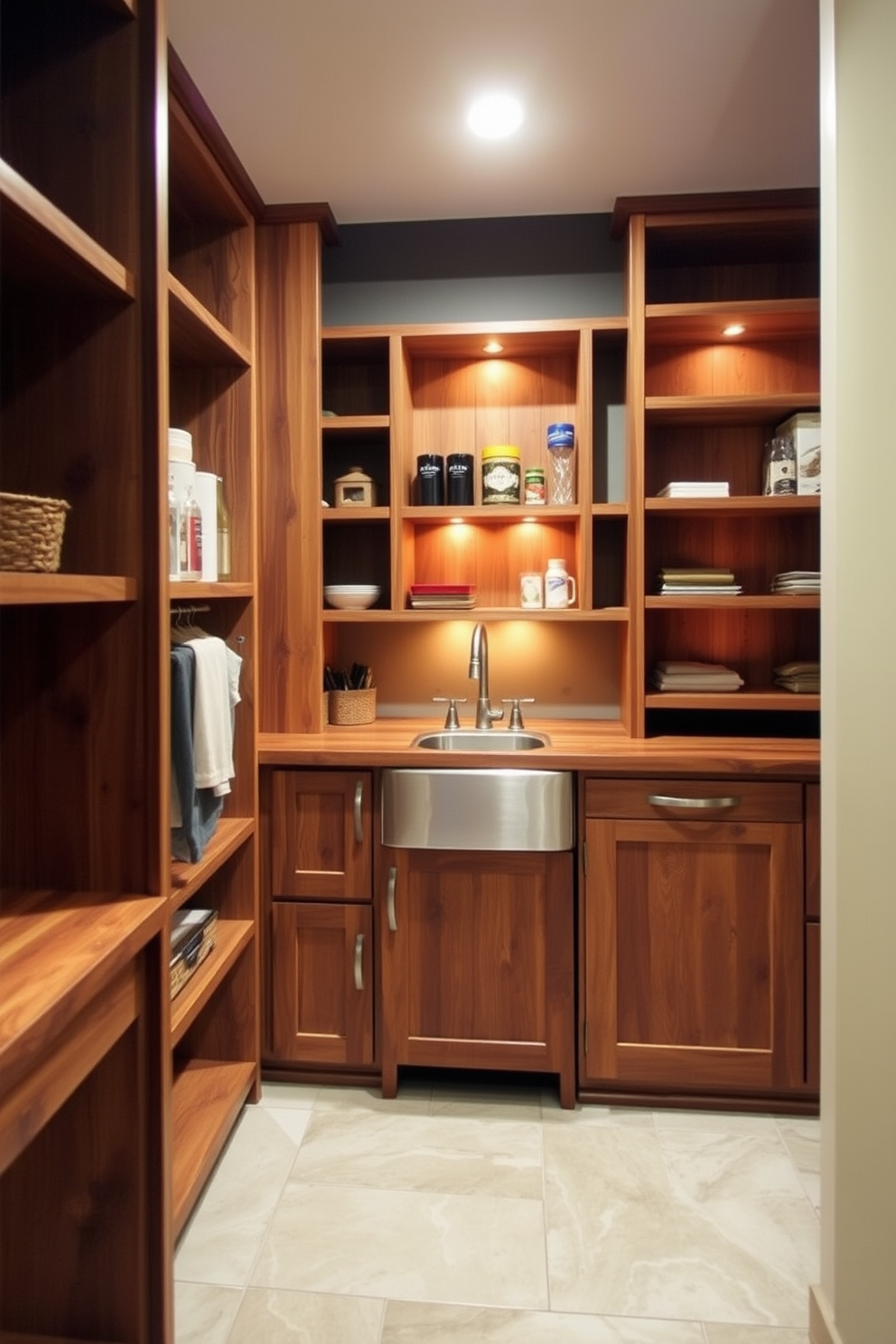 A cozy basement pantry designed for functionality and style. The space features a small, convenient sink integrated into a rustic wooden countertop, surrounded by open shelving for easy access to pantry items. Warm lighting illuminates the area, enhancing the natural wood tones and creating an inviting atmosphere. The walls are painted in a soft cream color, while the floor is adorned with durable, easy-to-clean tiles for practicality.