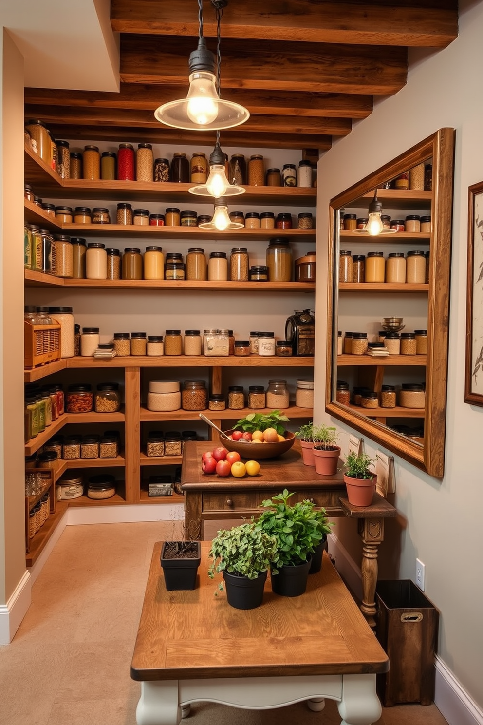 A cozy basement pantry featuring open shelving made of reclaimed wood, displaying an assortment of jars filled with colorful spices and grains. The walls are painted in a soft cream color to enhance the light, while a large mirror on one wall reflects the shelves, creating a sense of depth. A vintage wooden table sits in the center, adorned with a bowl of fresh fruits and a small herb garden in pots. Warm pendant lights hang from the ceiling, casting a gentle glow over the space, making it inviting and functional.