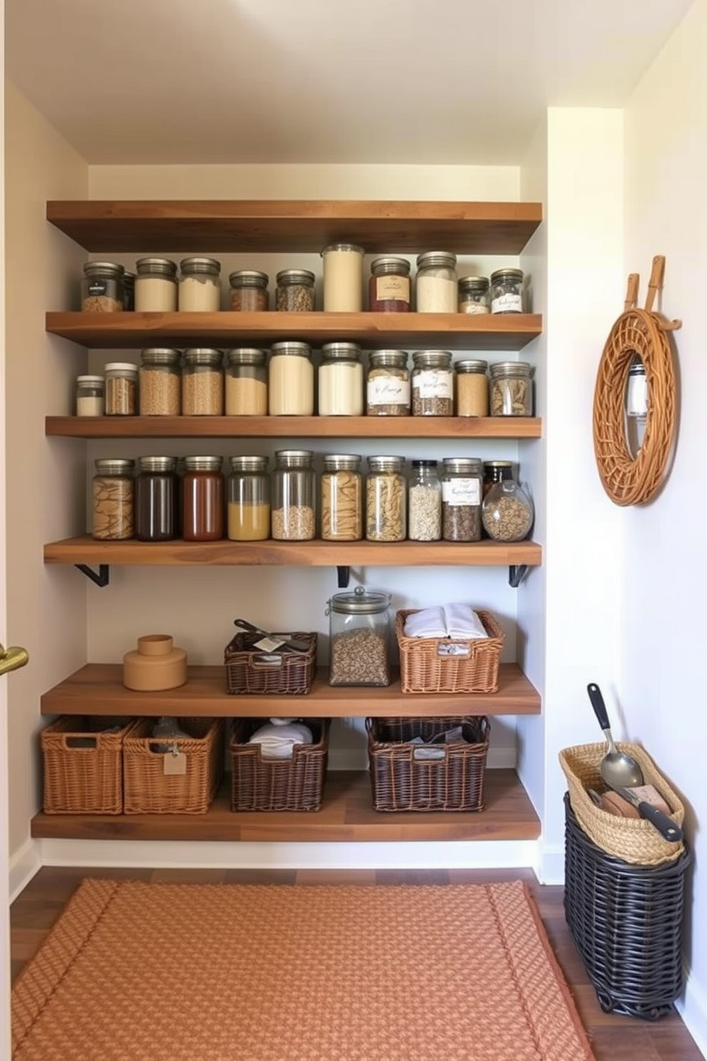 A cozy basement pantry featuring open shelving made of reclaimed wood, showcasing neatly organized jars and baskets filled with dry goods. The walls are painted in a soft cream color, and the floor is covered with a warm, textured rug that adds comfort and warmth to the space.