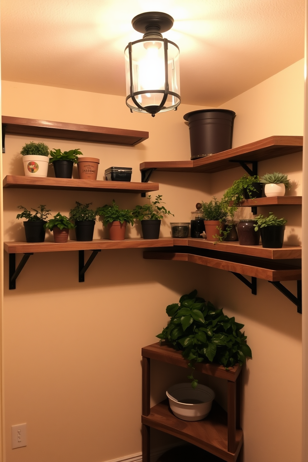 A spacious pantry island with a polished wood countertop provides ample prep space for cooking and meal preparation. The island is surrounded by open shelving filled with neatly organized jars, spices, and cookbooks, creating an inviting and functional atmosphere. In the basement pantry, soft ambient lighting highlights the warm tones of the cabinetry and the rustic charm of exposed brick walls. A combination of pull-out drawers and open storage solutions offers easy access to kitchen essentials while maintaining a clutter-free environment.