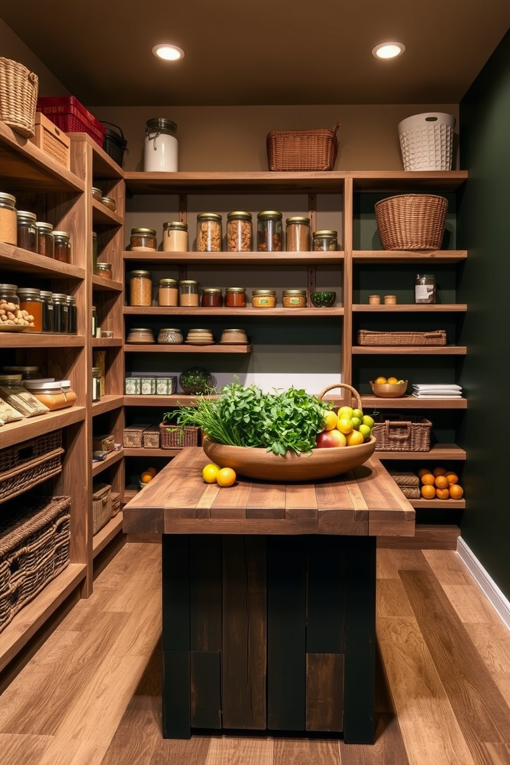 A cozy basement pantry designed with soft earth tones. The shelves are made of reclaimed wood and are filled with neatly organized jars and baskets, creating a warm and inviting atmosphere. The walls are painted in a warm taupe shade, complemented by a deep forest green accent wall. A rustic wooden table stands in the center, adorned with fresh herbs and a decorative bowl of seasonal fruits.