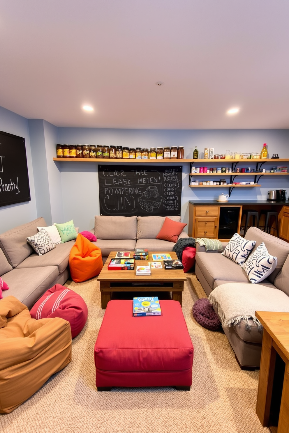 Open concept design for spaciousness. The living area flows seamlessly into the kitchen, featuring an oversized island with bar seating and pendant lighting above. Basement pantry design ideas. The pantry is equipped with custom shelving, a countertop for meal prep, and a sliding barn door for easy access.