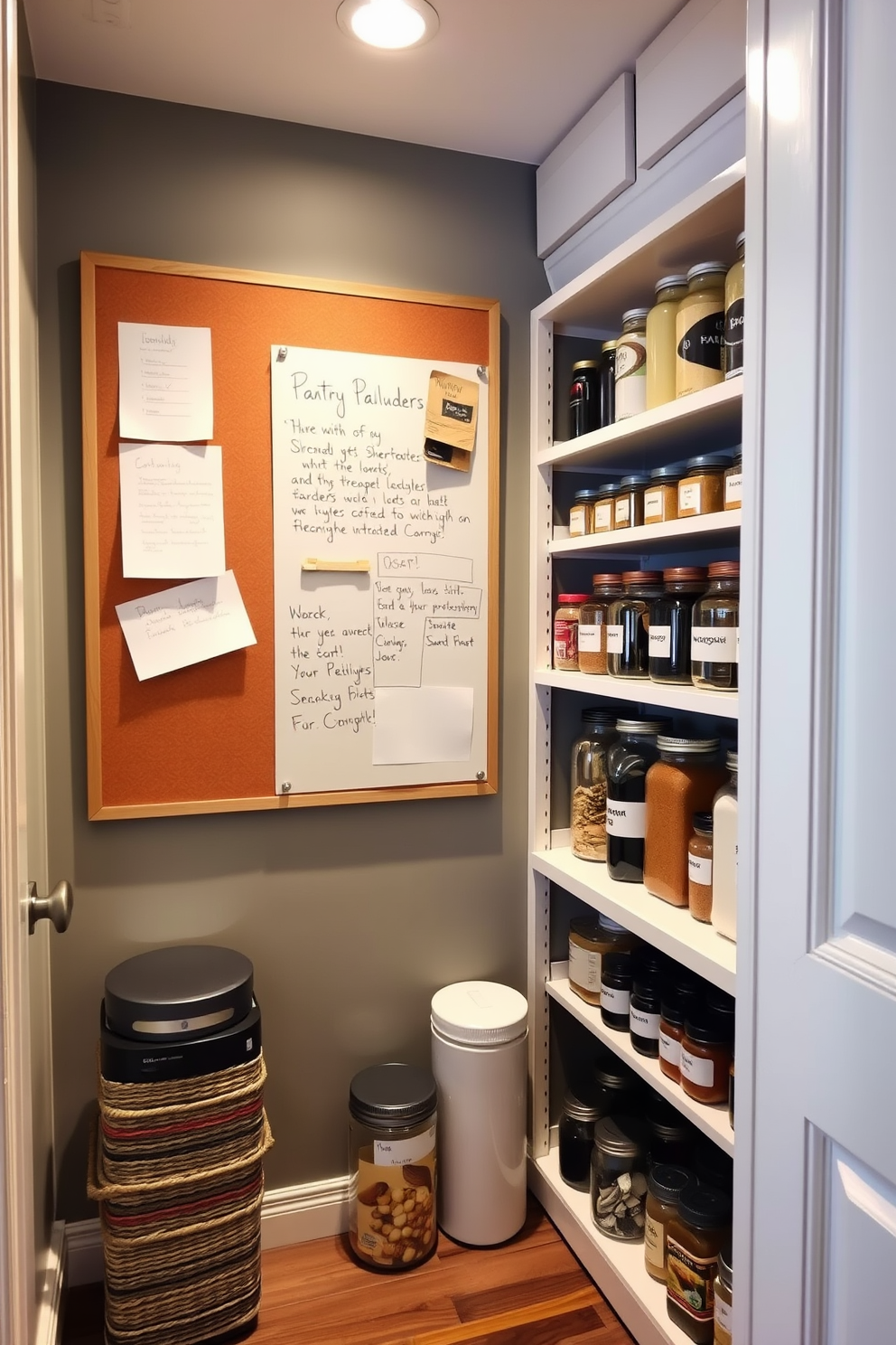 A cozy basement pantry designed for optimal organization. The space features a large bulletin board mounted on the wall for notes and reminders, alongside open shelving filled with neatly labeled jars and containers.