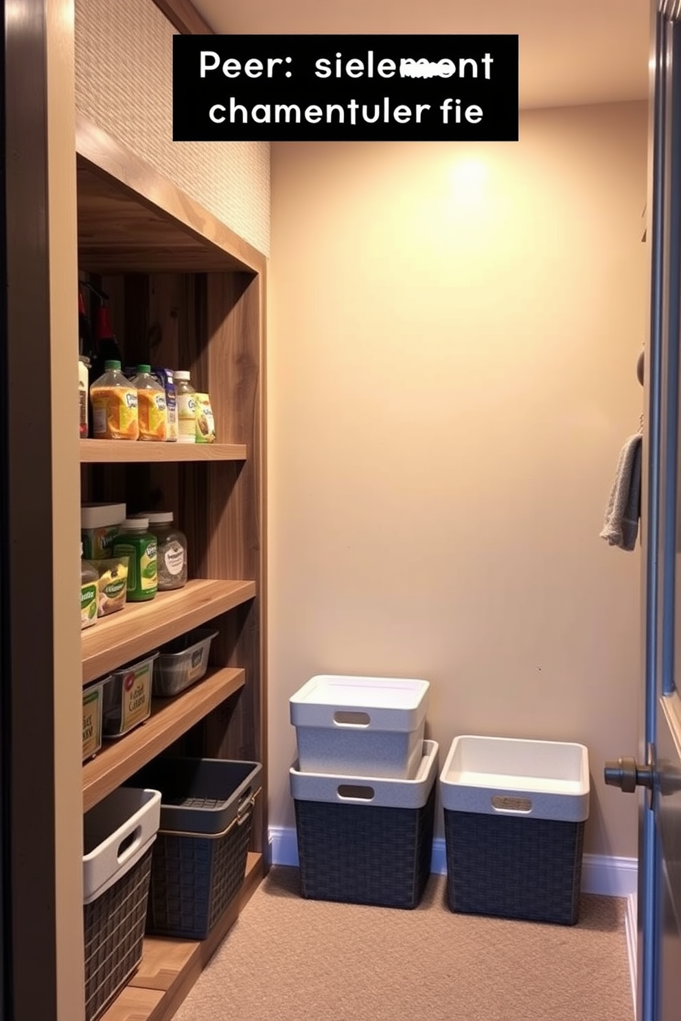 A cozy basement pantry designed for pet-friendly storage. It features built-in shelving made of reclaimed wood, with a dedicated space for pet food and supplies, ensuring easy access and organization. The walls are painted in a warm beige tone to create an inviting atmosphere. Soft lighting illuminates the area, highlighting the decorative storage bins that blend seamlessly with the overall design.