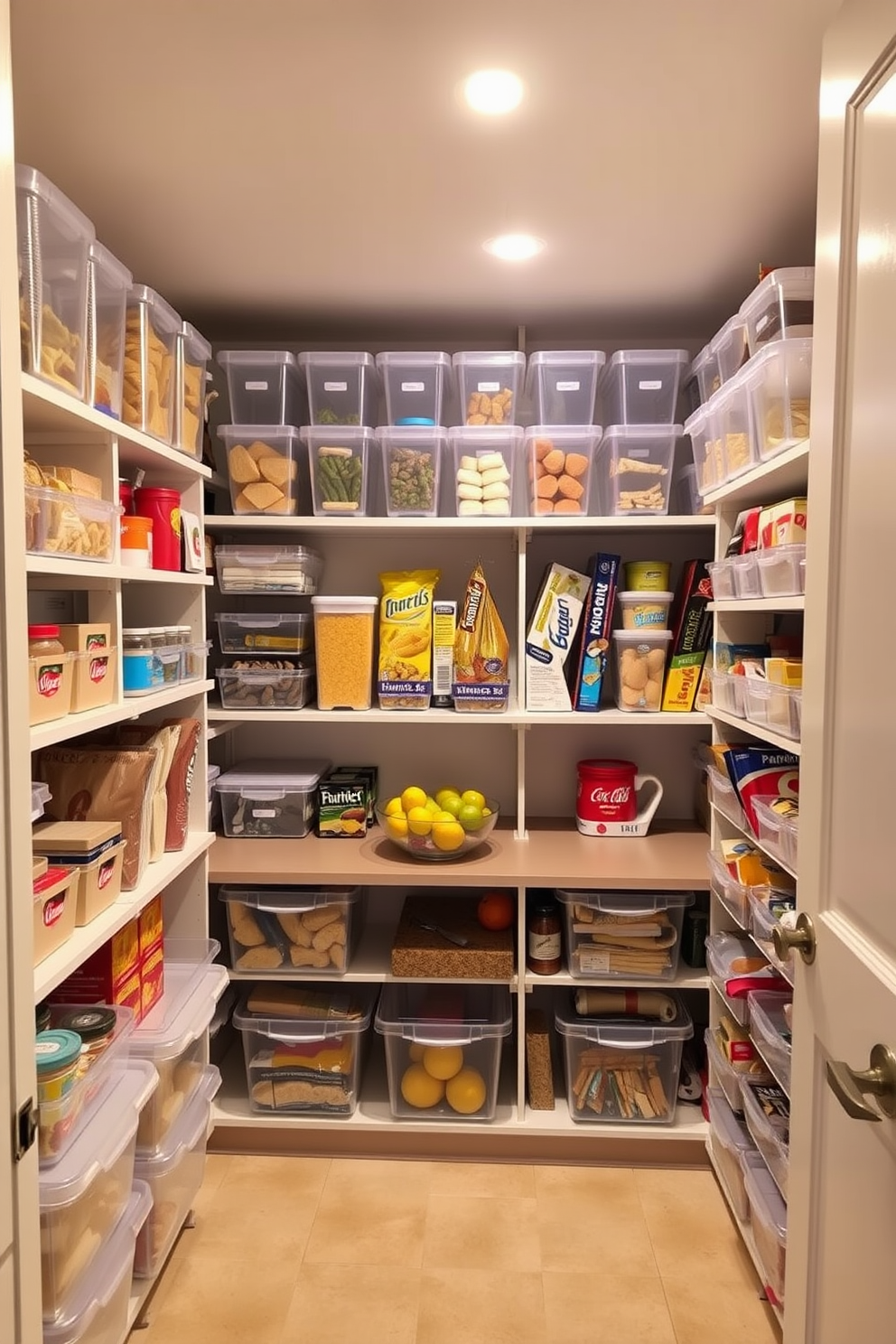 A well-organized basement pantry featuring clear bins for easy visibility and access. The shelves are lined with a variety of clear storage containers, showcasing neatly arranged dry goods and snacks. The walls are painted in a light, neutral color to enhance brightness, while warm LED lighting illuminates the space. A small countertop area is included for meal prep, adorned with a stylish fruit bowl for added charm.