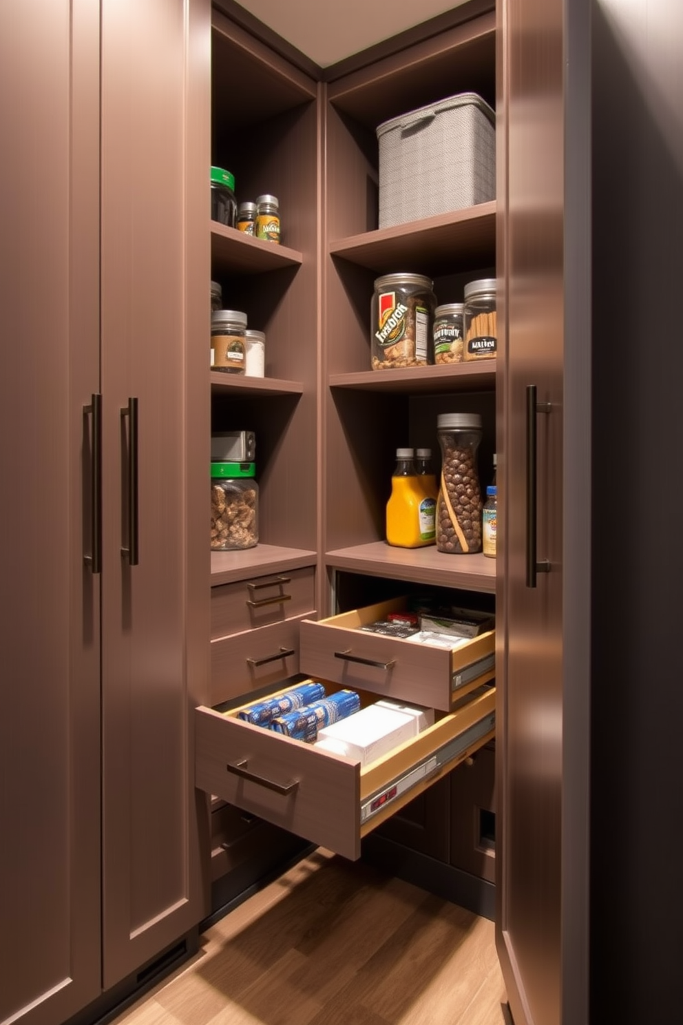 A functional basement pantry with pull-out drawers designed for hidden items. The cabinetry features a sleek finish with integrated handles, maximizing space efficiency and organization.