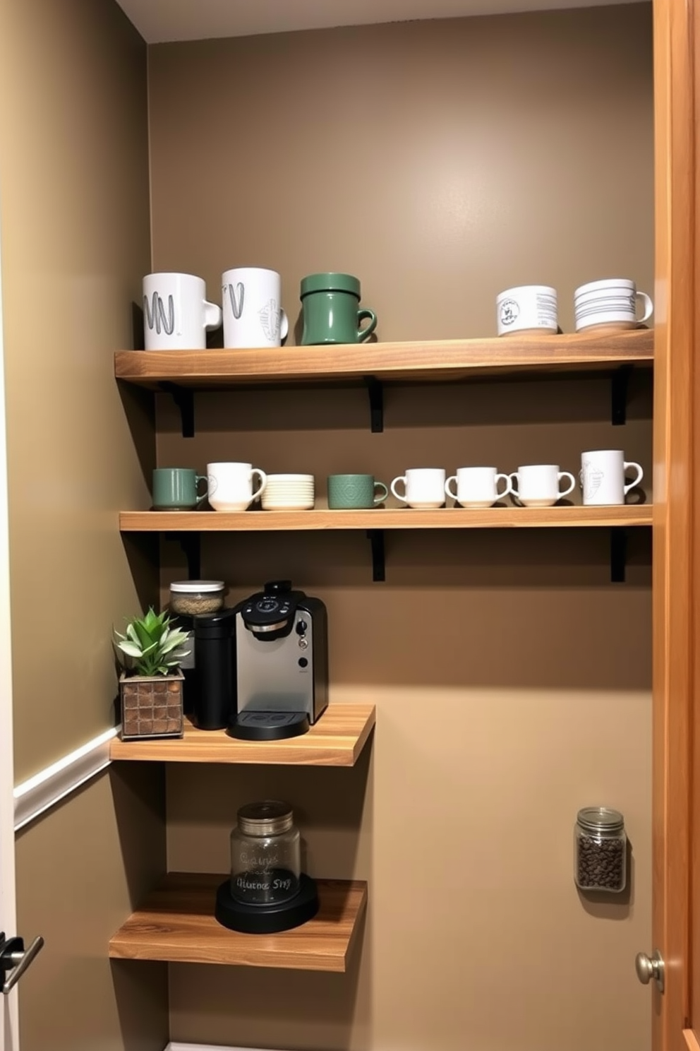 A stylish basement pantry featuring easy-clean surfaces for low maintenance. The walls are finished with a sleek, washable paint, and the cabinets are made of high-gloss laminate for effortless cleaning. The flooring consists of large, durable tiles that resist stains and spills. Open shelving made of stainless steel provides ample storage while maintaining a modern aesthetic.