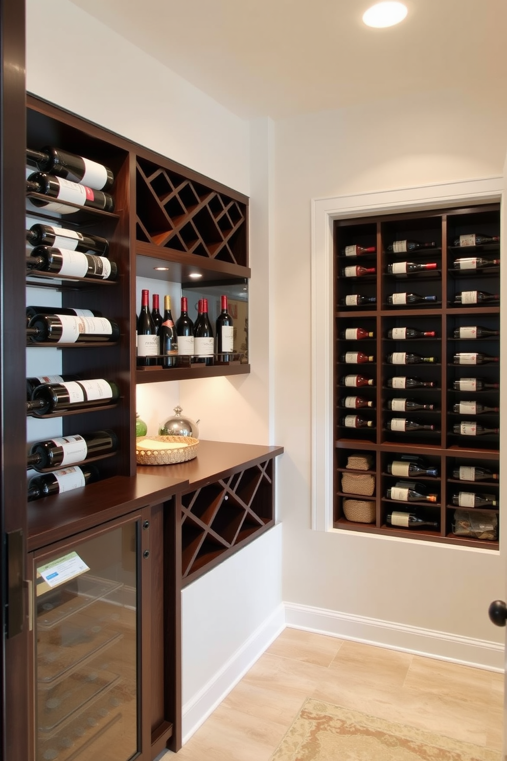 A basement pantry designed with glass jars showcasing a variety of ingredients creates an inviting and organized space. The shelves are made of reclaimed wood, adding warmth and character to the modern aesthetic. Soft LED lighting illuminates the jars, highlighting their contents and enhancing the overall ambiance. A small wooden ladder leans against the shelves, providing easy access to the higher items while adding a rustic touch.