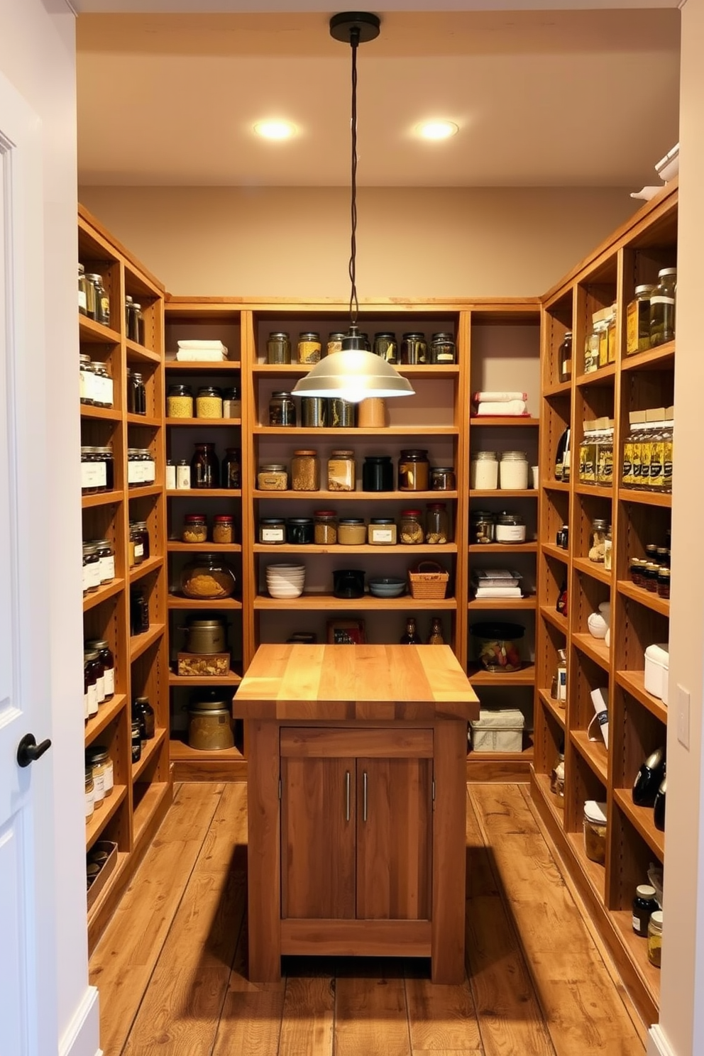 A cozy basement pantry featuring wooden shelving units that are neatly organized with jars and containers. The walls are painted in a light beige color, and the floor is adorned with rustic wooden planks for a warm touch. In the center, a small wooden island with a butcher block top serves as a workspace. A pendant light hangs above the island, illuminating the area and adding a modern flair to the space.