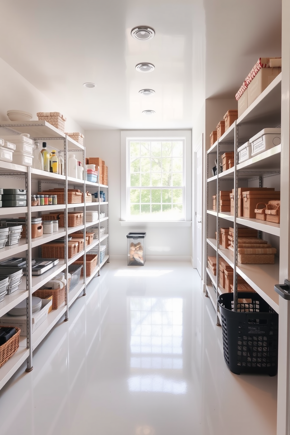 A bright and airy basement pantry with ample shelving for storage. The walls are painted in a light color to reflect the brightness, and large windows allow natural light to flood the space.