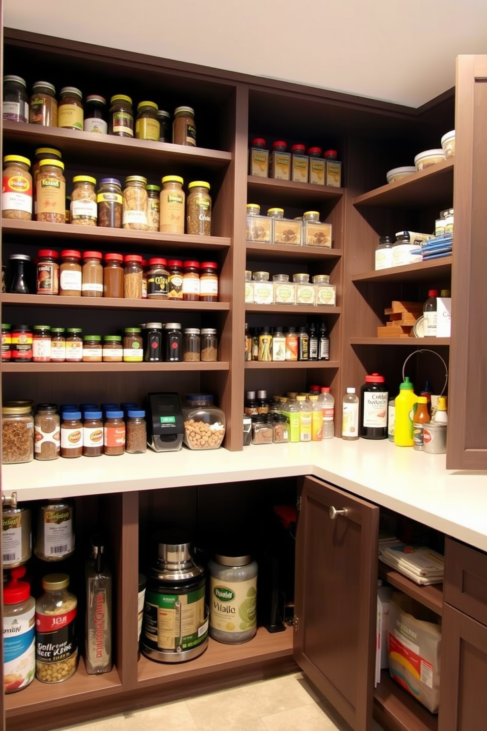 A basement pantry featuring a blend of open and closed cabinets to maximize storage and accessibility. The open shelves showcase neatly organized jars and spices, while the closed cabinets provide hidden storage for bulk items and cleaning supplies.