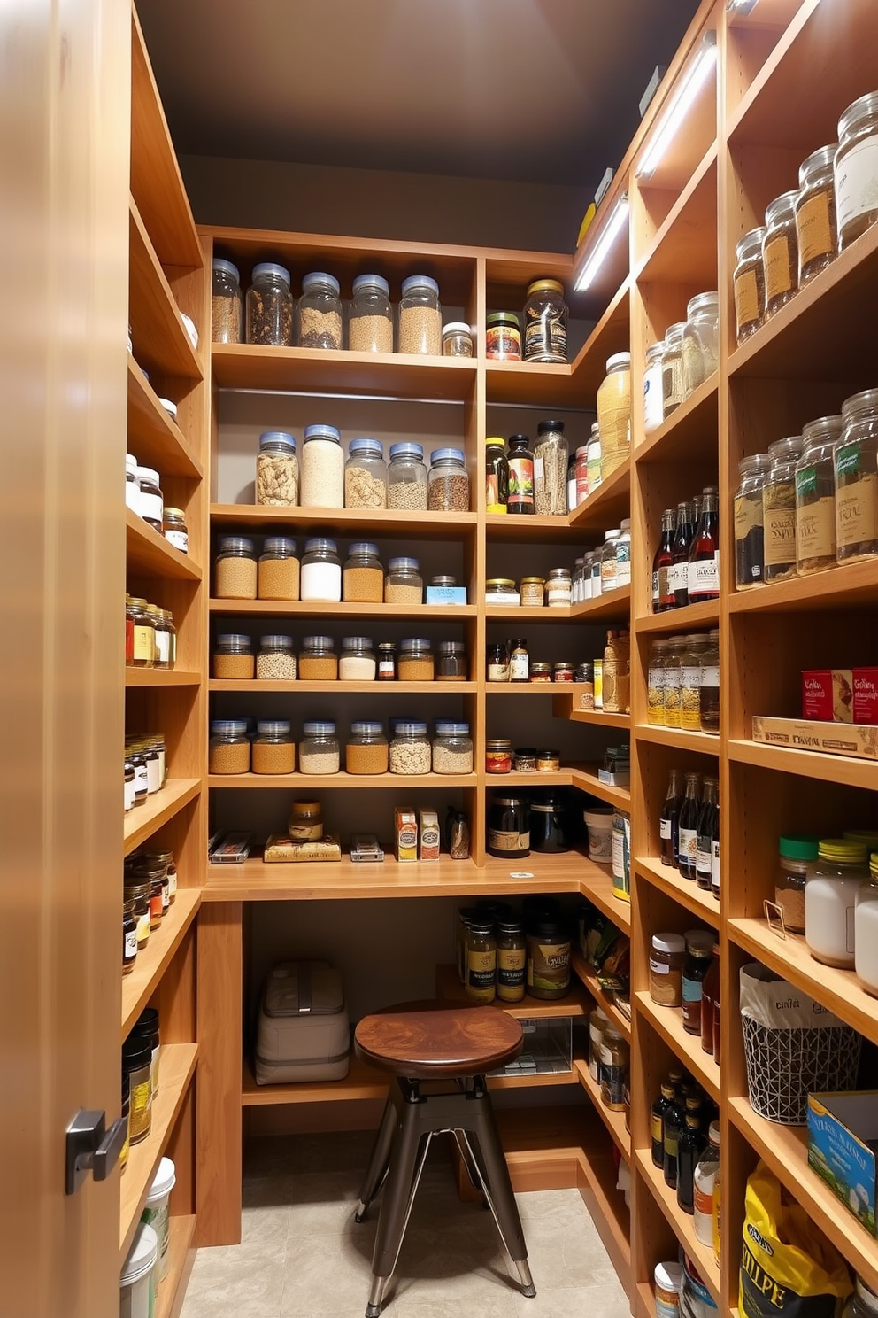 A cozy basement pantry with a corkboard wall for notes and recipes. The space features wooden shelves filled with jars of spices and canned goods, creating an organized and inviting atmosphere.