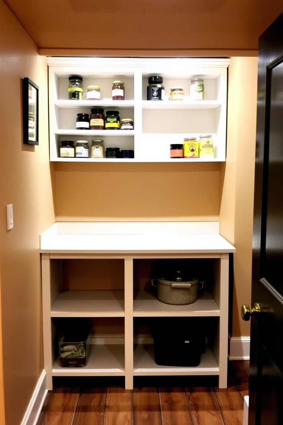 A contemporary basement pantry featuring sleek cabinetry with a glossy finish and open shelving for easy access. LED strip lighting is installed under the shelves, creating a warm and inviting atmosphere while highlighting the organized storage.