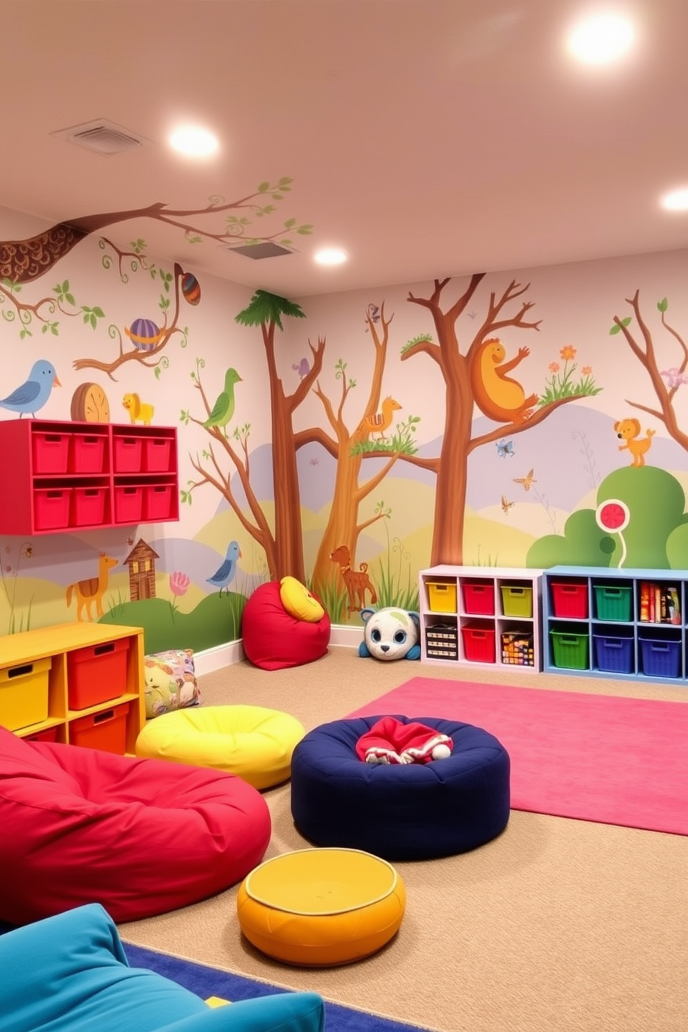 A vibrant basement playroom filled with colorful wall murals depicting whimsical scenes of nature and adventure. The space features a cozy seating area with bean bags and a large rug, creating a playful atmosphere for children to explore and enjoy.