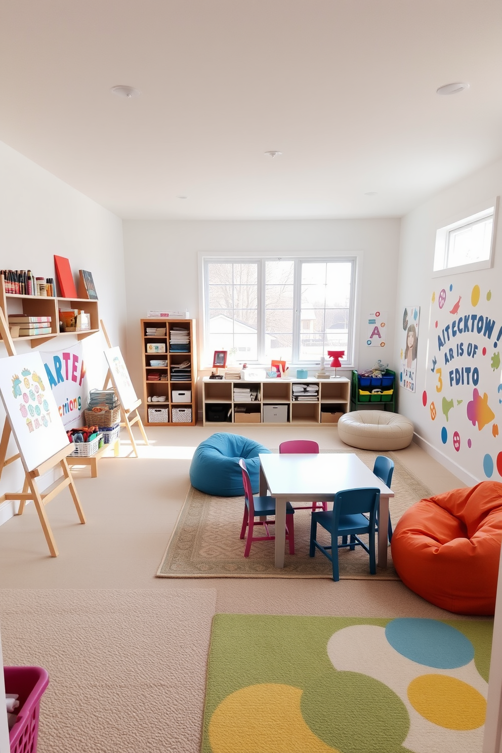 A cozy basement playroom filled with soft lighting that creates a calming atmosphere. The walls are painted in a light pastel color, and plush rugs cover the floor for added comfort. Colorful bean bags and oversized cushions are scattered throughout the space, inviting relaxation and play. A low wooden table with art supplies encourages creativity, while soft pendant lights hang from the ceiling, providing gentle illumination.