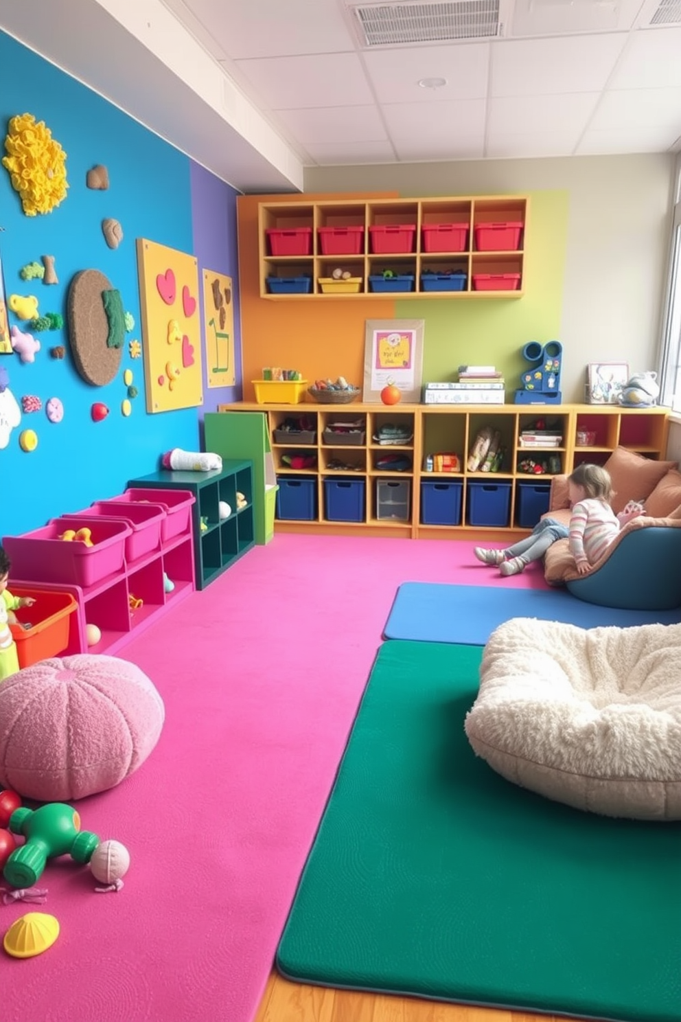 A vibrant sensory play area filled with various textures and colors. Soft foam mats cover the floor, while colorful wall panels feature different tactile elements for exploration. Brightly colored bins and shelves are filled with toys, art supplies, and sensory materials. A cozy reading nook with plush cushions invites children to relax and enjoy storytime.