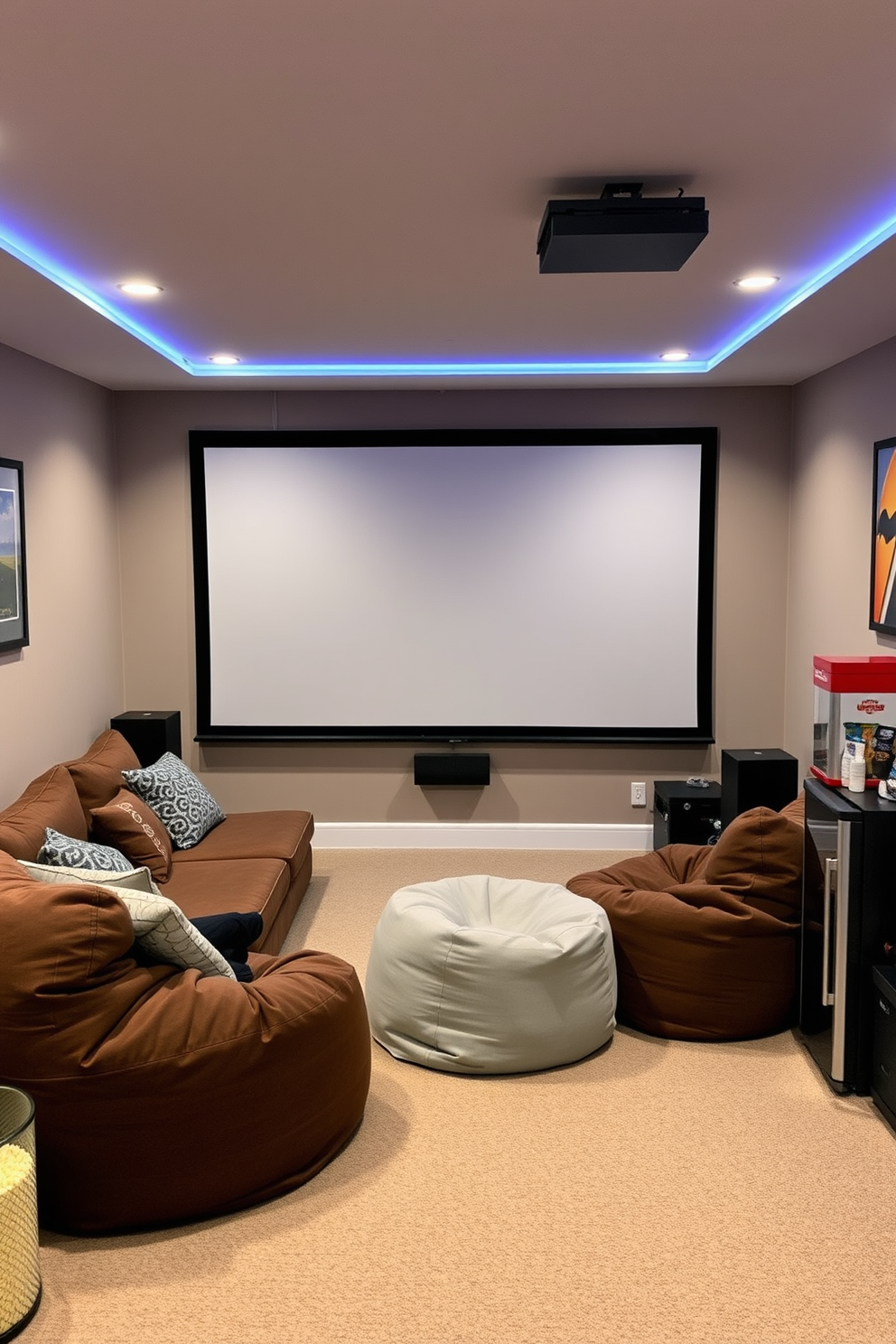 Create a cozy movie corner in the basement featuring a large projector screen mounted on the wall. Surround the screen with plush seating options like a sectional sofa and oversized bean bags for comfort. Incorporate soft ambient lighting with recessed lights and LED strips along the ceiling. Add a small popcorn machine and a mini fridge stocked with snacks to complete the playroom experience.