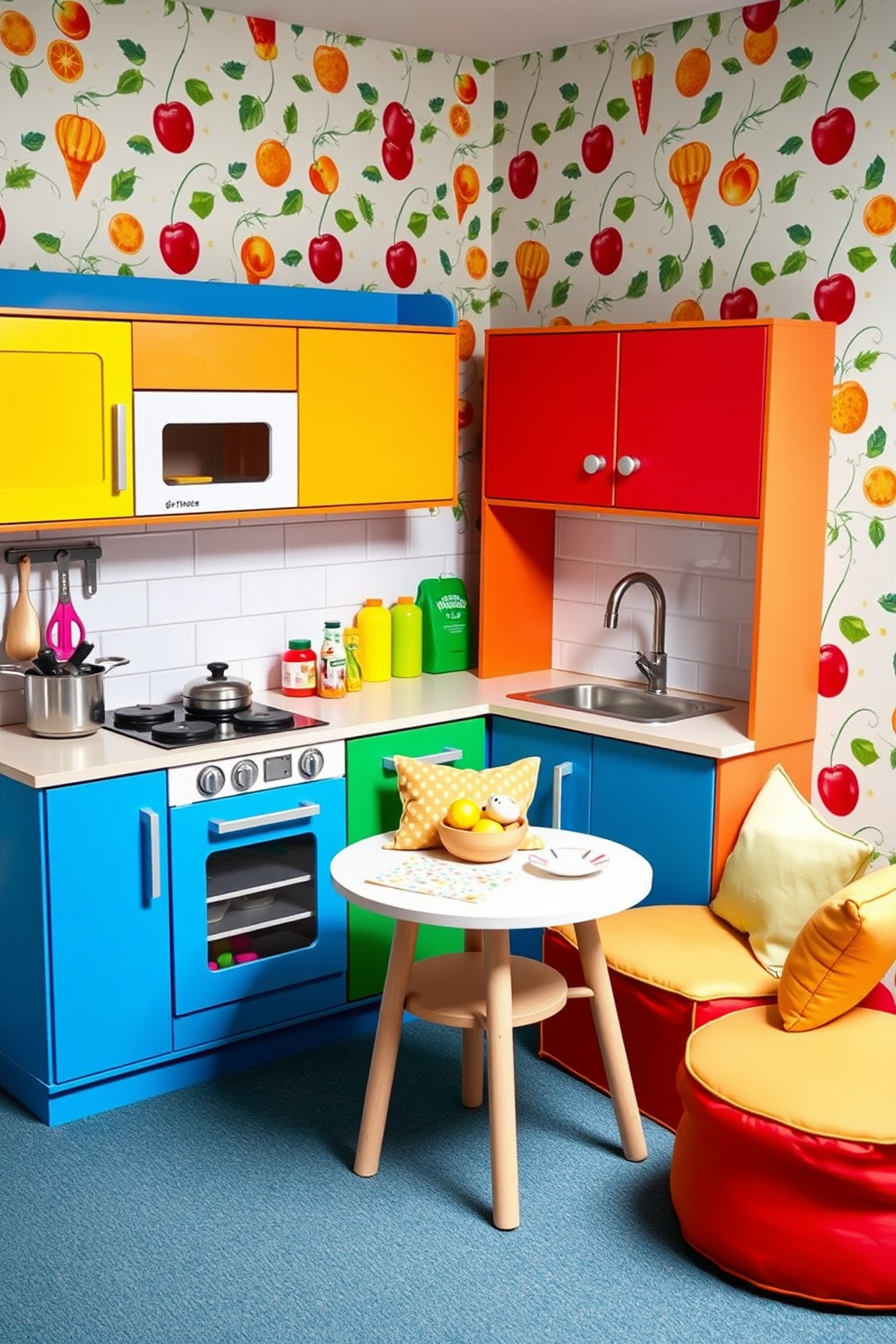 A vibrant play kitchen designed for imaginative role-playing activities. It features colorful cabinetry, a miniature stove, and a sink with playful accessories arranged on the countertop. The walls are adorned with cheerful wallpaper depicting fruits and vegetables. Soft, cushioned seating is placed nearby for comfort during playtime, and a small table is set for pretend meals.