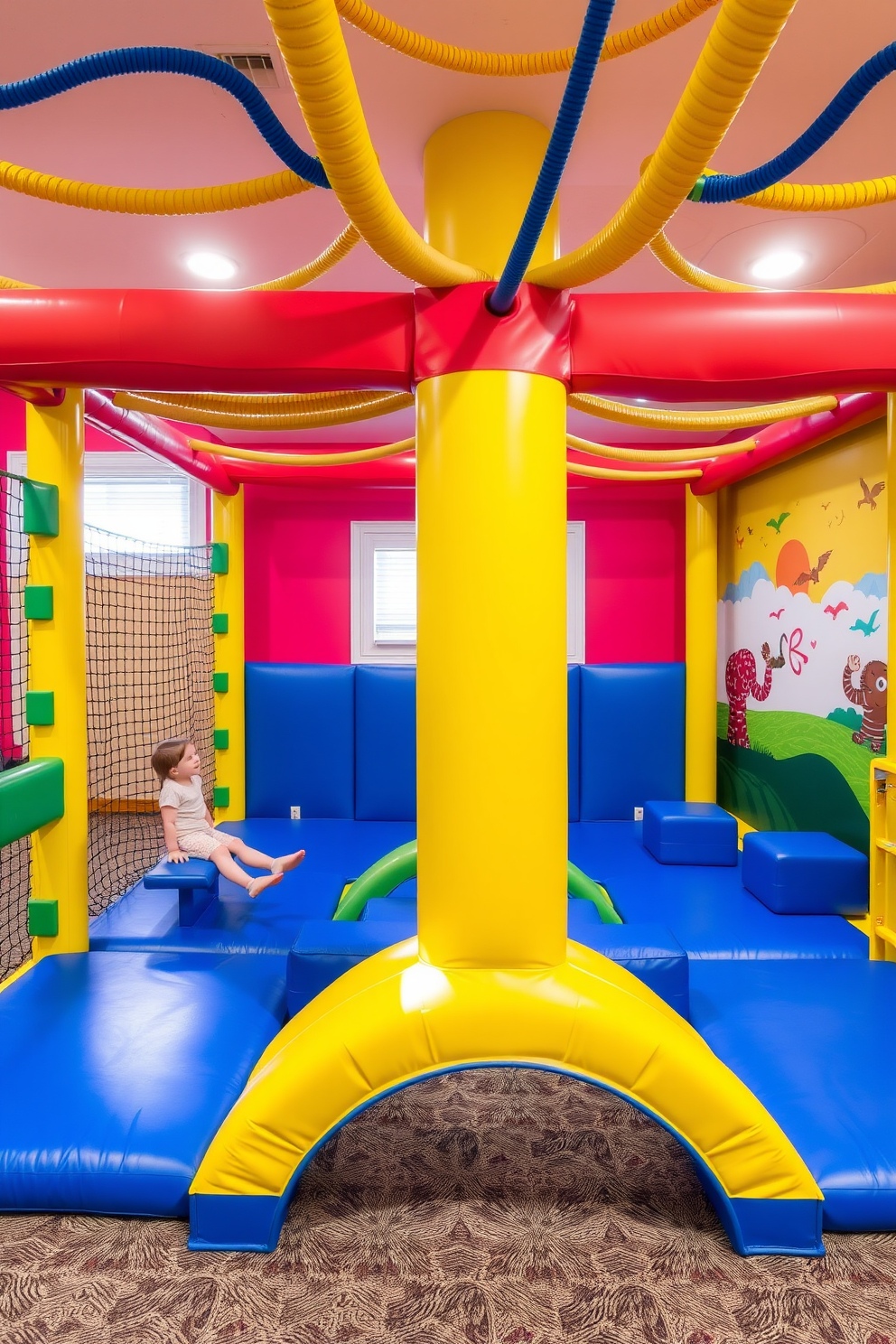 A cozy basement playroom featuring an array of colorful floor cushions scattered around the space. The walls are painted in a bright, cheerful hue, and soft lighting creates an inviting atmosphere for play and relaxation. In one corner, a large, plush rug anchors the seating area, providing a comfortable surface for children to sit and play. Shelving units filled with toys and games line the walls, ensuring easy access and organization for a fun-filled environment.