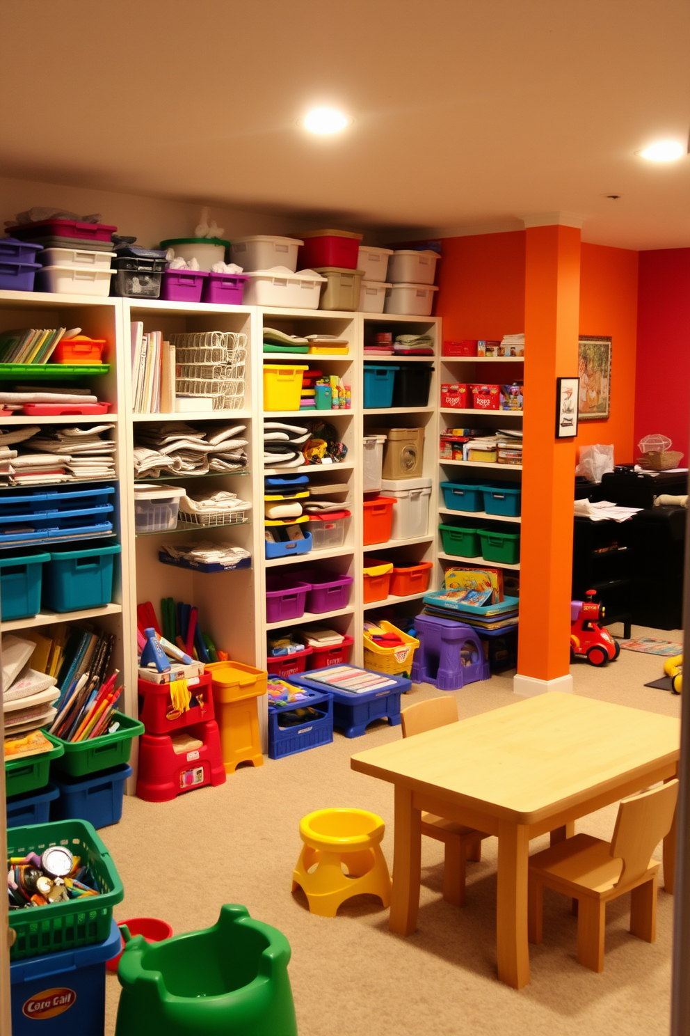 A cozy craft corner filled with organized supplies. Shelves lined with colorful bins hold various materials, while a large table serves as the workspace for creative projects. The basement playroom features vibrant wall colors and soft carpeting. A variety of toys and games are neatly arranged, creating an inviting space for children to play and explore.