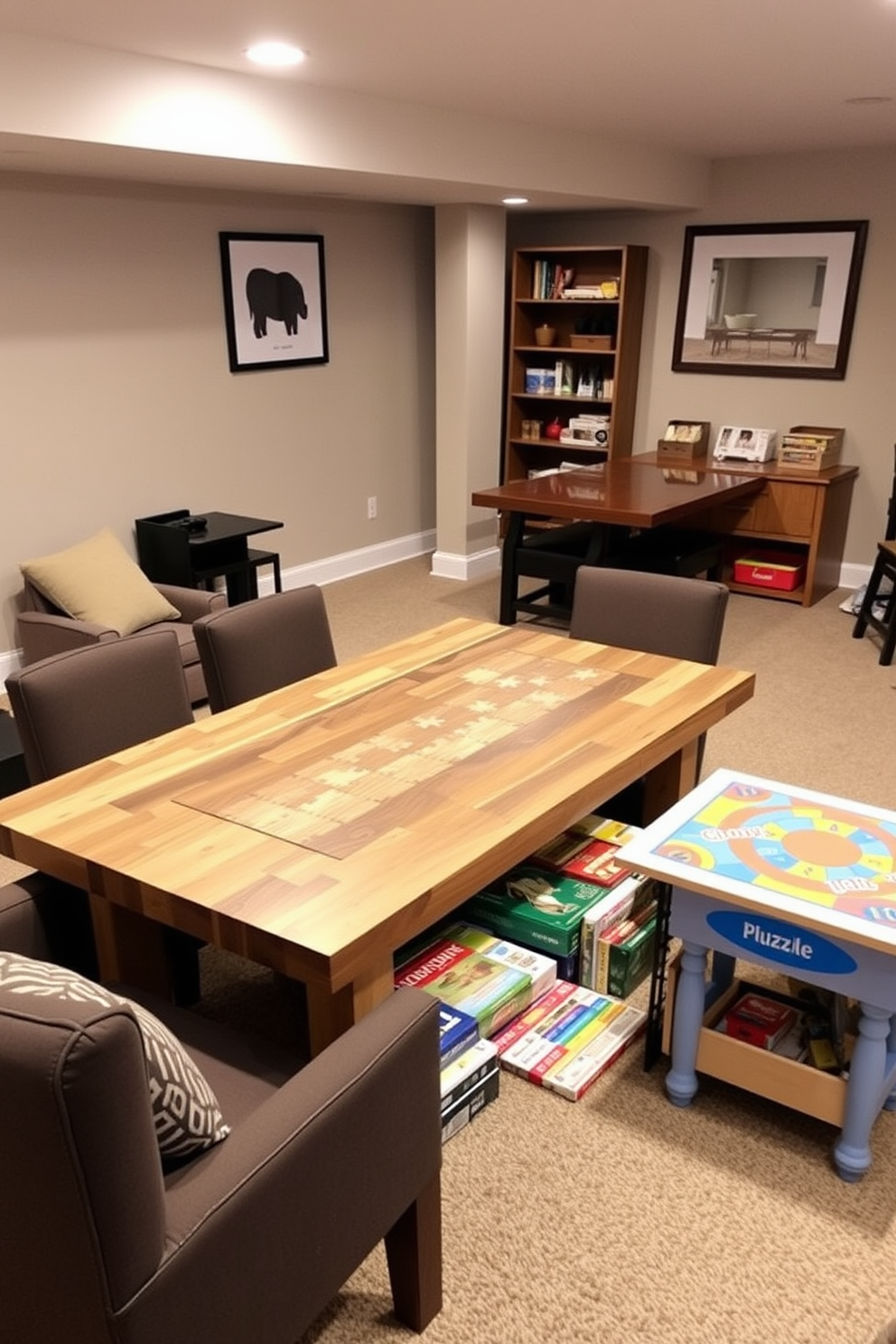 A cozy basement playroom designed for family fun features a large puzzle table made of reclaimed wood surrounded by comfortable chairs. Adjacent to the table, a colorful game table with a built-in storage compartment holds various board games and puzzles for easy access.