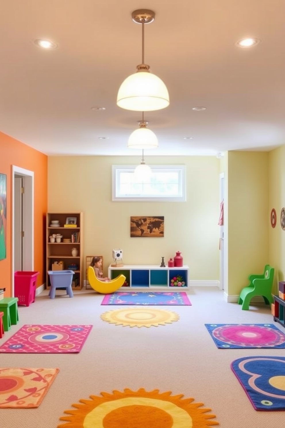 Bright pendant lights hang from the ceiling, casting a warm glow throughout the basement playroom. The walls are painted in cheerful colors, and vibrant rugs are scattered across the floor to create a fun and inviting atmosphere.