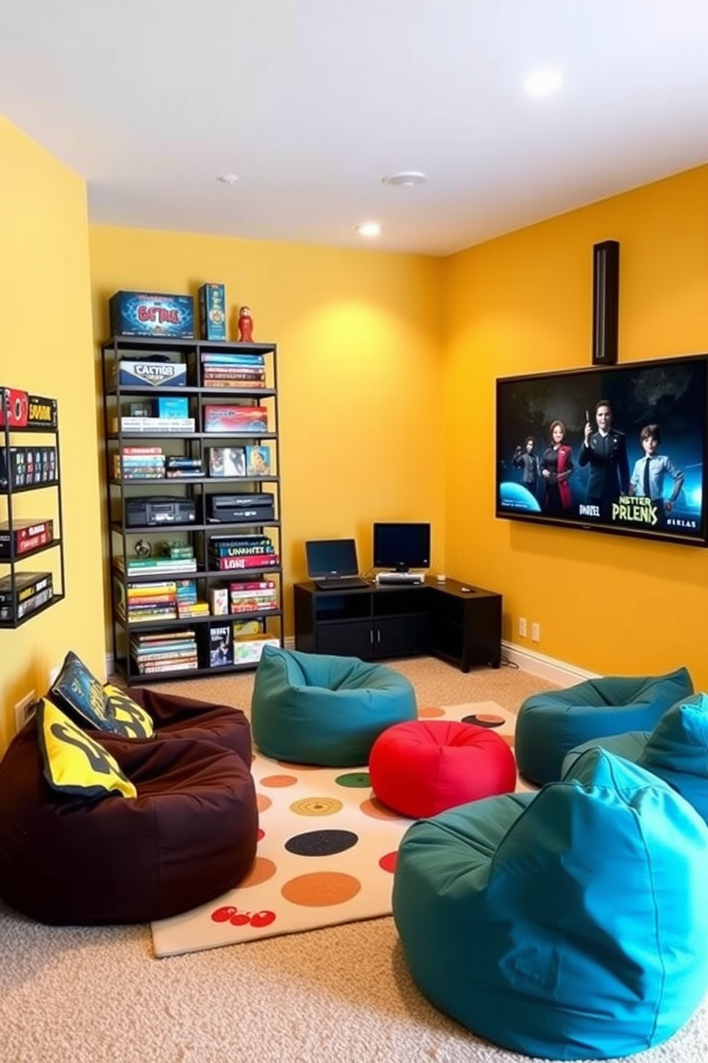 A modern basement playroom features wall-mounted games that maximize space efficiency. The walls are painted in a bright, cheerful color, and shelves hold various board games and gaming consoles. A cozy seating area with bean bags is arranged in front of a large wall-mounted screen for movie nights. Soft lighting fixtures create a warm ambiance, while a playful rug adds comfort underfoot.