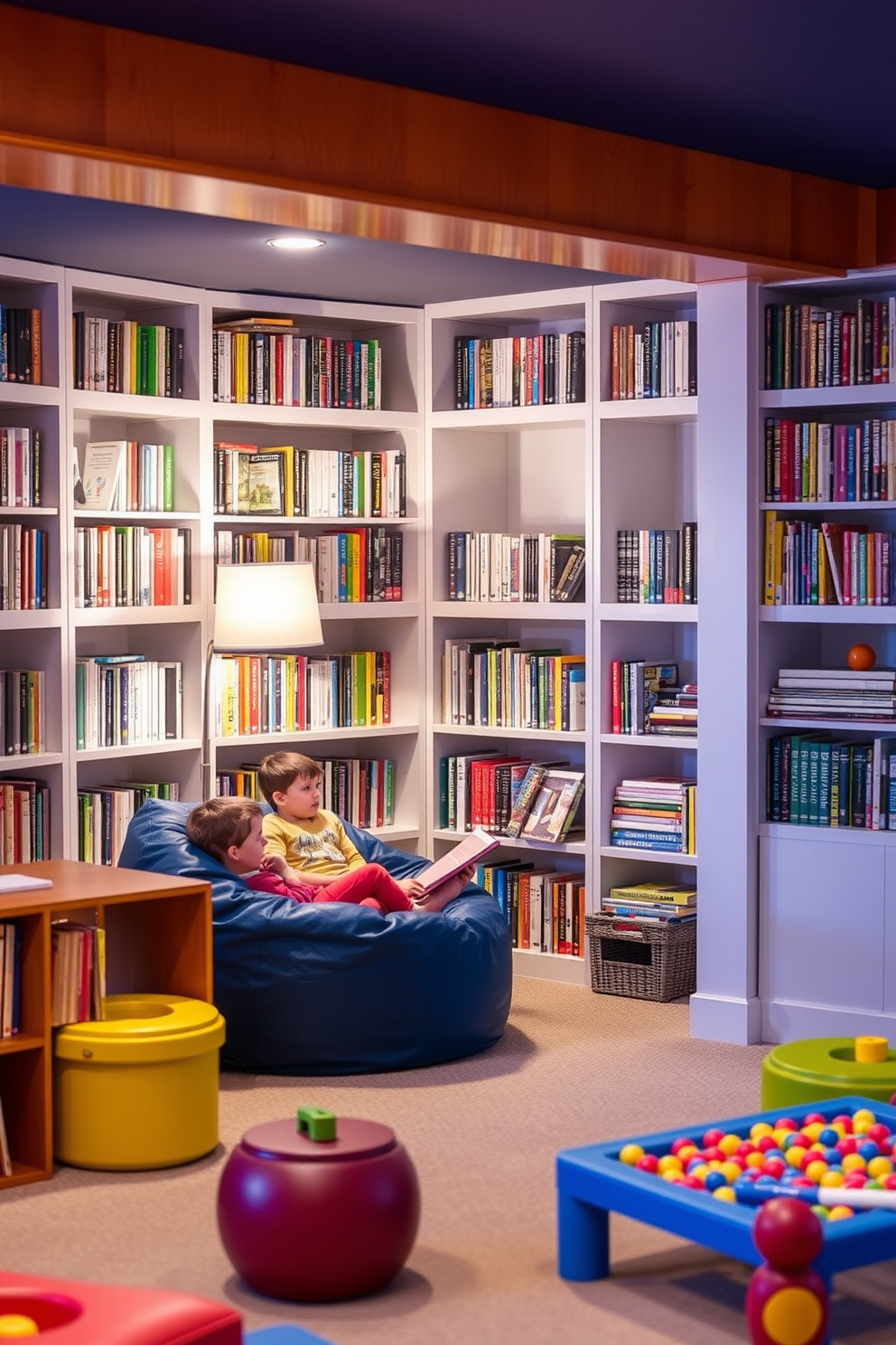 Cozy reading nook with bean bags. The nook features soft lighting from a floor lamp and is surrounded by bookshelves filled with colorful books. Basement playroom design ideas. The space includes vibrant wall colors, playful furniture, and an area for games and creative activities.