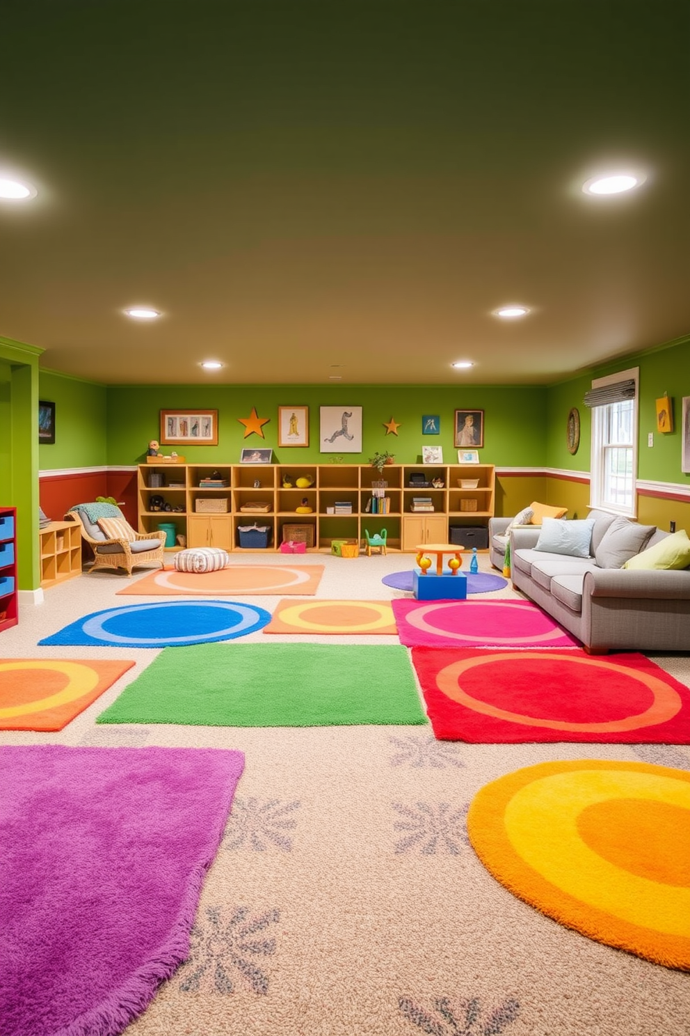 A vibrant basement playroom filled with colorful rugs that delineate distinct play areas. The walls are painted in cheerful hues, and the space is furnished with soft seating and playful decor to create an inviting atmosphere.