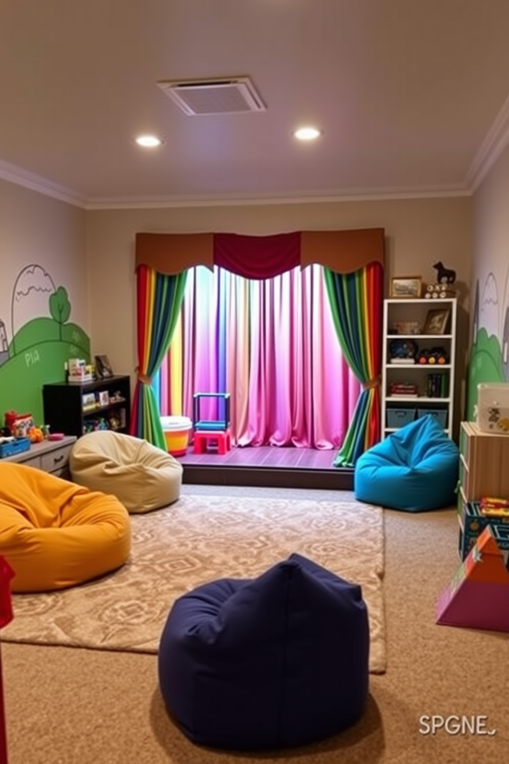 A cozy basement playroom designed for children features soft play mats in various pastel colors creating a safe and inviting area for play. The walls are painted in a cheerful light blue, and large windows allow natural light to brighten the space, complemented by playful wall decals.