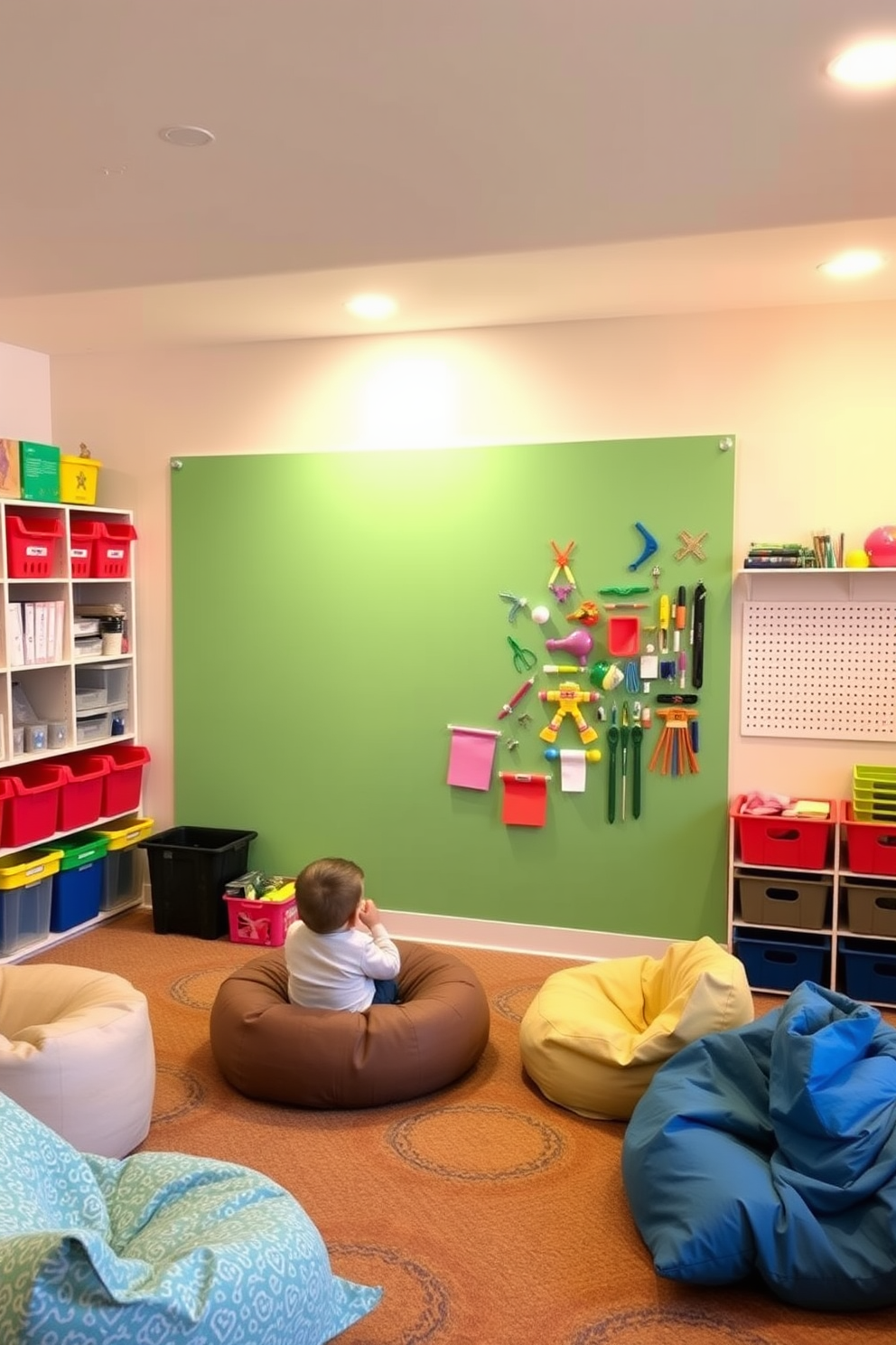 A magnetic wall designed for a basement playroom features a large, smooth surface painted in a bright, engaging color that invites creativity. Surrounding the wall are various storage solutions, including colorful bins and shelves, to keep art supplies and building materials organized. The playroom is filled with comfortable seating options, such as bean bags and floor cushions, encouraging collaborative play. Soft, ambient lighting enhances the space, creating a warm and inviting atmosphere for children to explore their imagination.