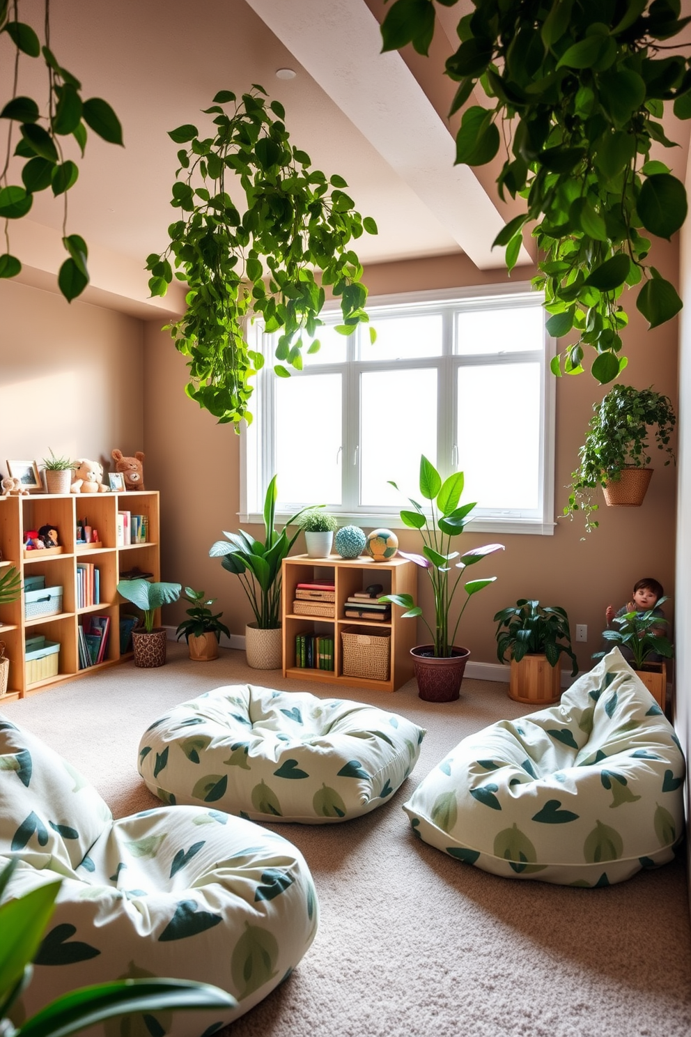 A serene basement playroom featuring nature-themed decor. The walls are painted in soft earth tones, and lush green plants are strategically placed around the room to create a calming environment. Natural wood shelving displays an array of toys and books, while a cozy seating area includes bean bags and cushions in leaf patterns. Large windows allow natural light to flood the space, enhancing the tranquil atmosphere.