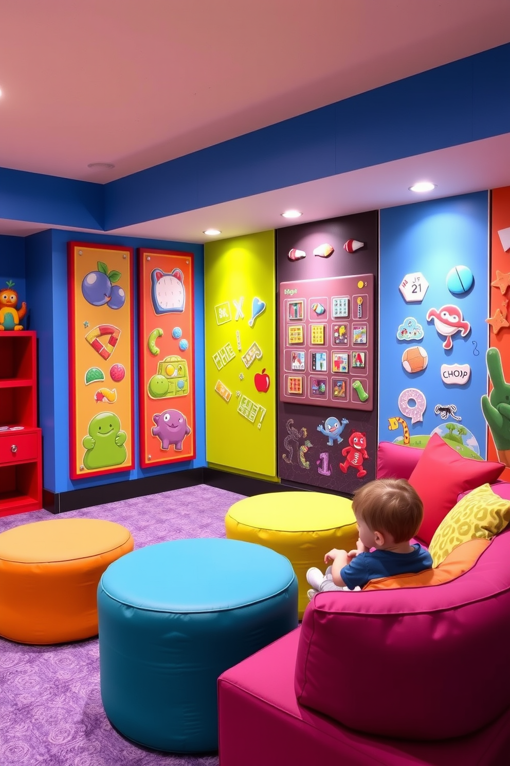 A vibrant basement playroom filled with colorful wall decals that inspire creativity and playfulness. The walls are adorned with whimsical designs featuring animals, stars, and geometric shapes that stimulate imagination and engagement. The playroom includes a cozy reading nook with bean bags and shelves filled with books. A large chalkboard wall allows for artistic expression, while bright rugs define play zones for various activities.