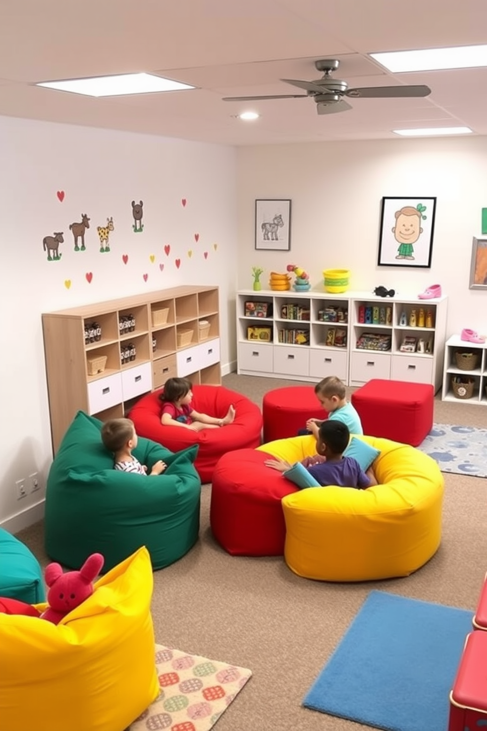 Flexible seating options for group activities in a basement playroom. The space features colorful bean bags and modular seating that can be rearranged to accommodate different group sizes and activities. Bright wall decals and playful artwork create an inviting atmosphere. Soft area rugs provide comfort and define different play zones within the room.